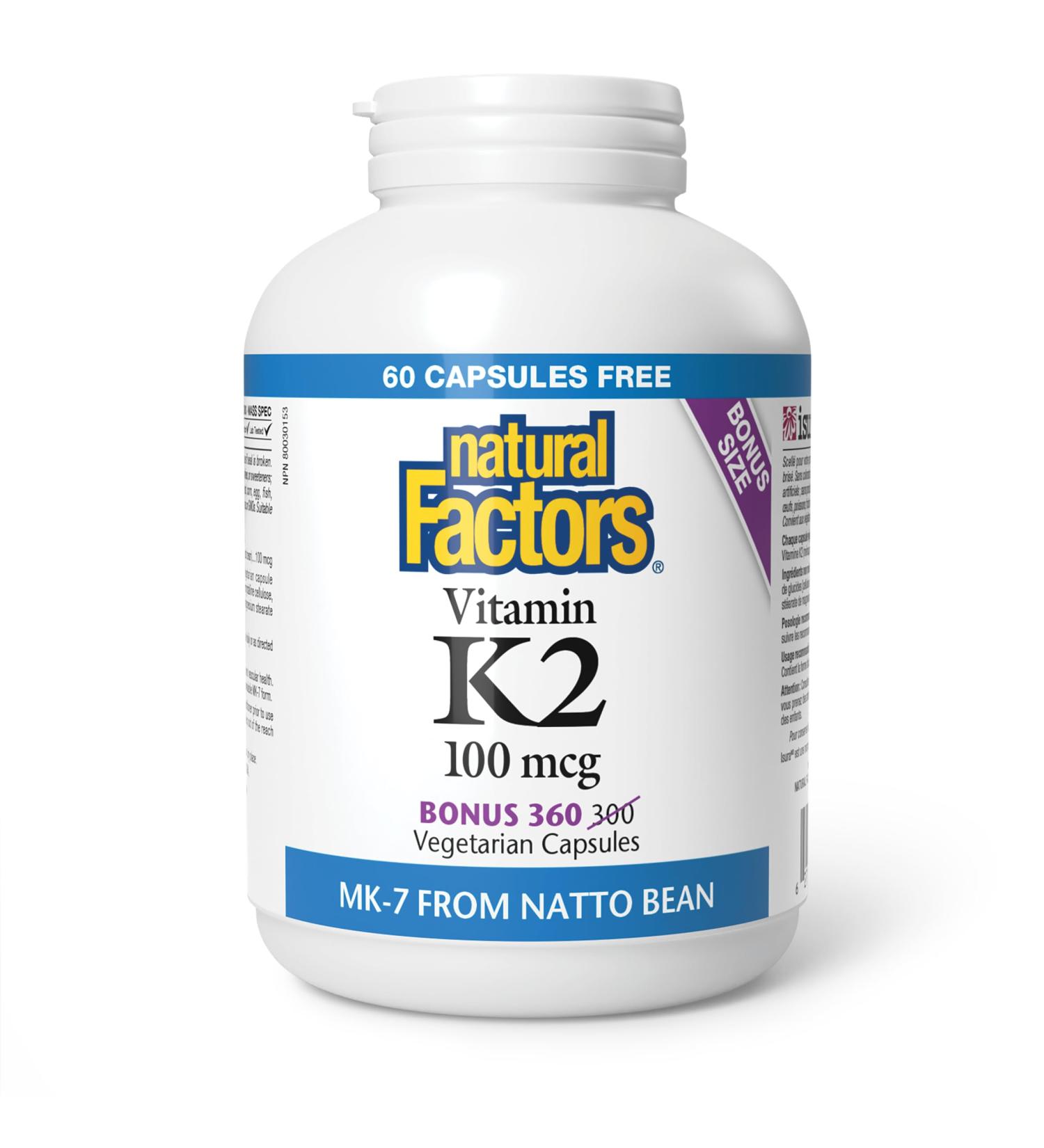 Natural Factors Vitamin K2 100 mcg BONUS SIZE 360 Vegetarian Capsules MK-7 from Natto Bean Helps Support Bones Vegan 60 Free Capsules - Buy Online on SooperMarket.com