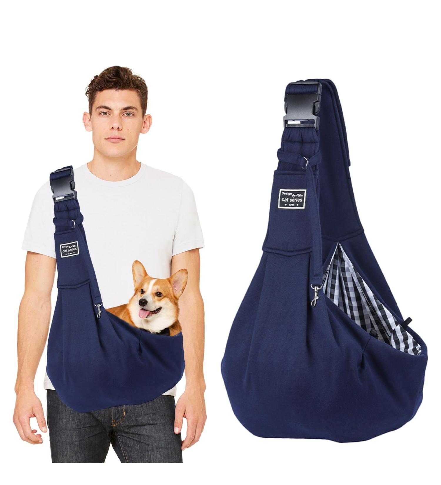Petcute Sling Dog Carrier Bag for Small Dogs - Adjustable Padded Shoulder Strap Safety Buckle Front Pocket - Comfortable & Stylish Blue Pet Hand Spinning Carrier - Buy Online on SooperMarket.com