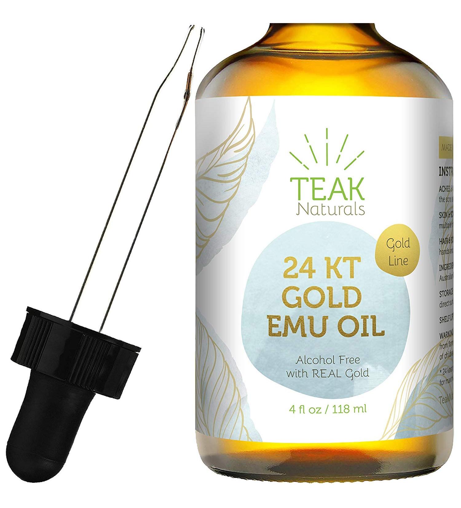 24K Gold Emu Oil by Teak Naturals, 24 K Gold Organic Australian Emu Oil 4 oz Gold Line Series