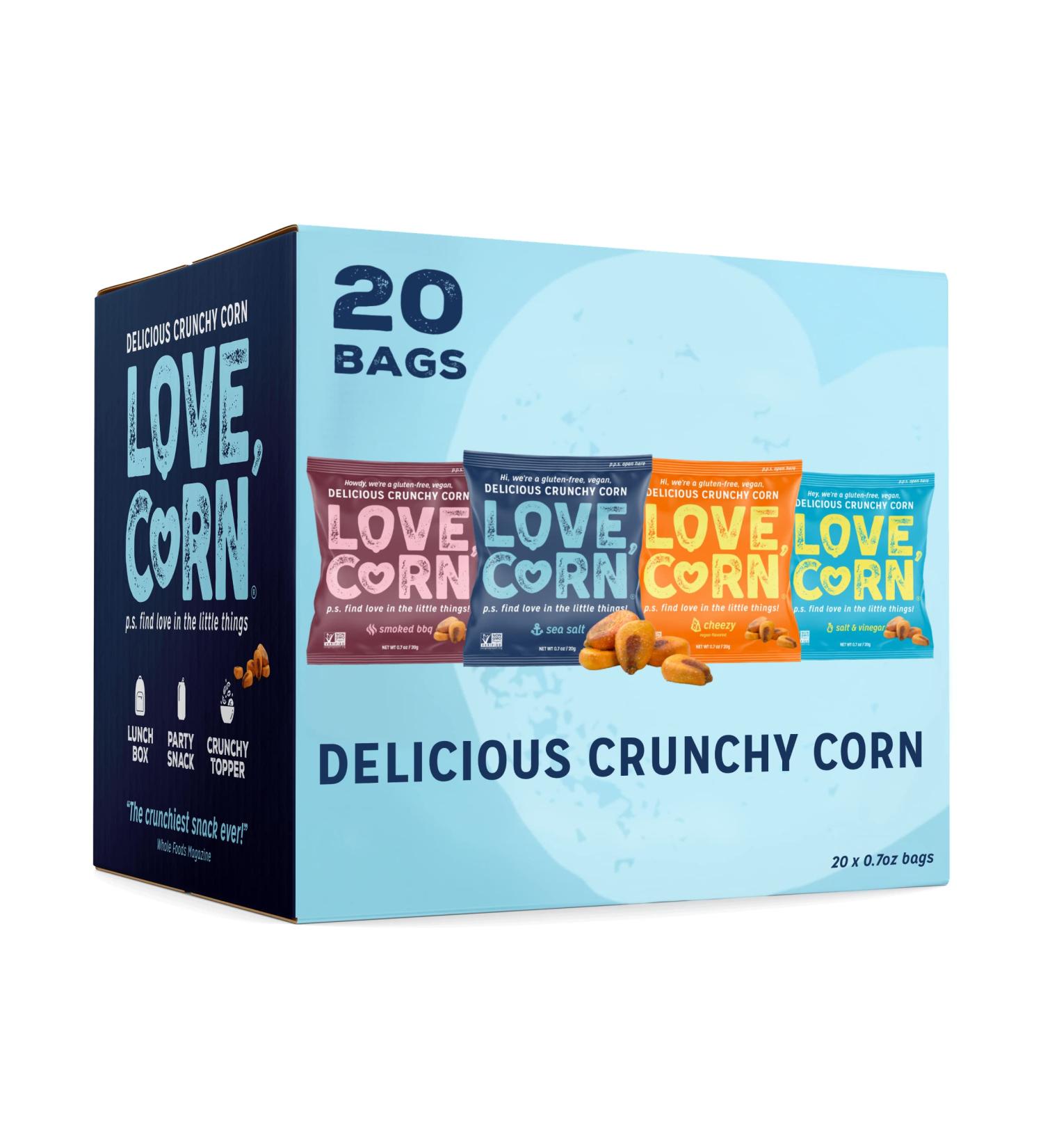 LOVE CORN Family Favorites Variety Pack Snacks | Sea Salt Cheezy BBQ Salt & Vinegar | 0.7oz 20 Bags | Non-GMO Gluten-Free Plant Based Low-Sugar - Buy Online on SooperMarket.com