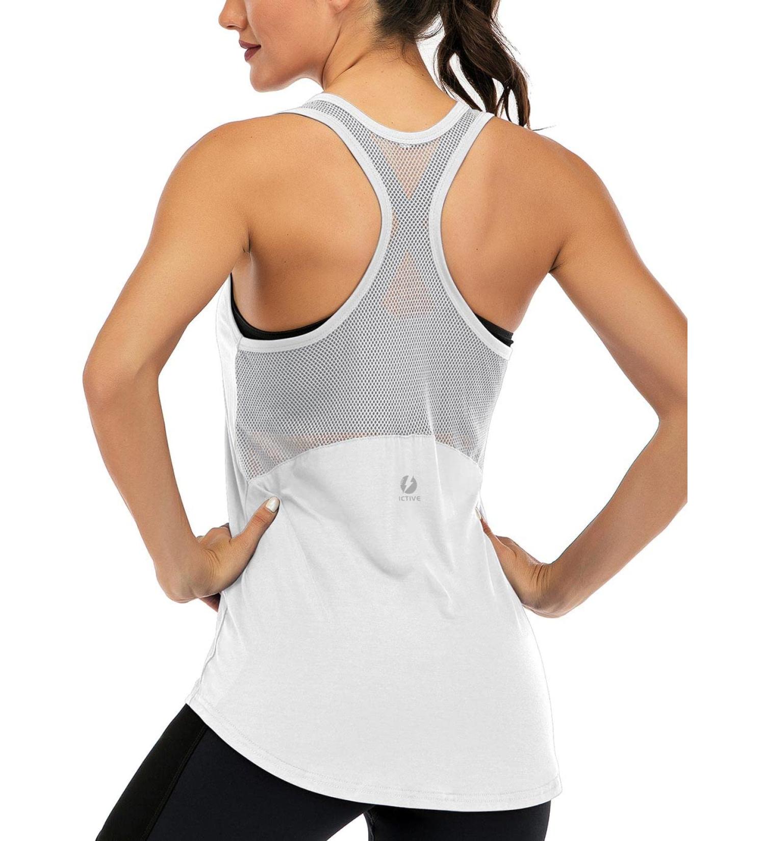 ICTIVE Workout Tank Tops for Women Sleeveless Yoga Tops for Women Mesh Racerback Tank Tops Muscle Tank Medium White