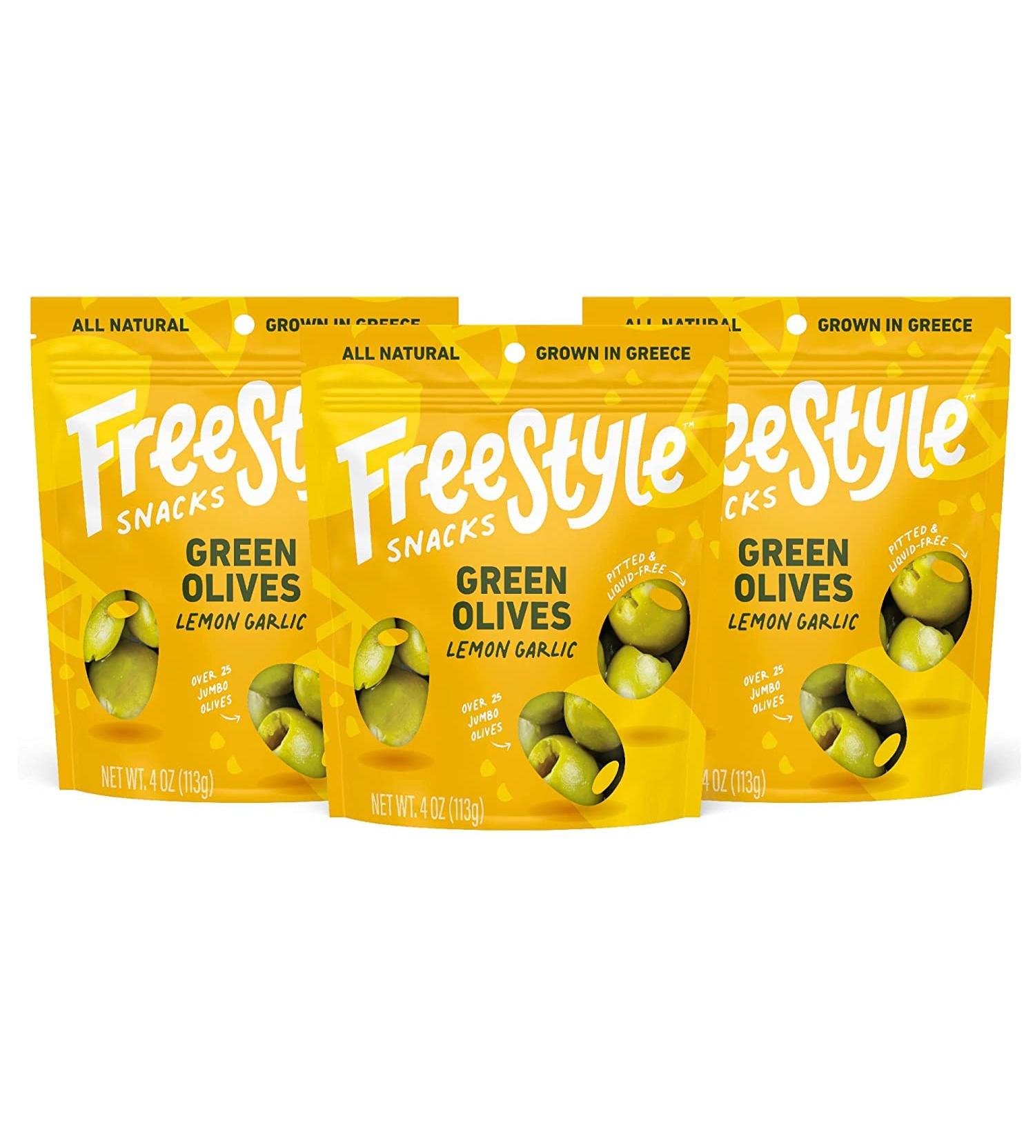 Fresh Greek Pitted Green Olives Snack Pack - All Natural Jumbo-Sized Olives, Lemon Garlic Flavor, Non-GMO, Paleo & Keto Friendly, Low Calorie - 4oz (3 Pack) - Buy Online on SooperMarket.com