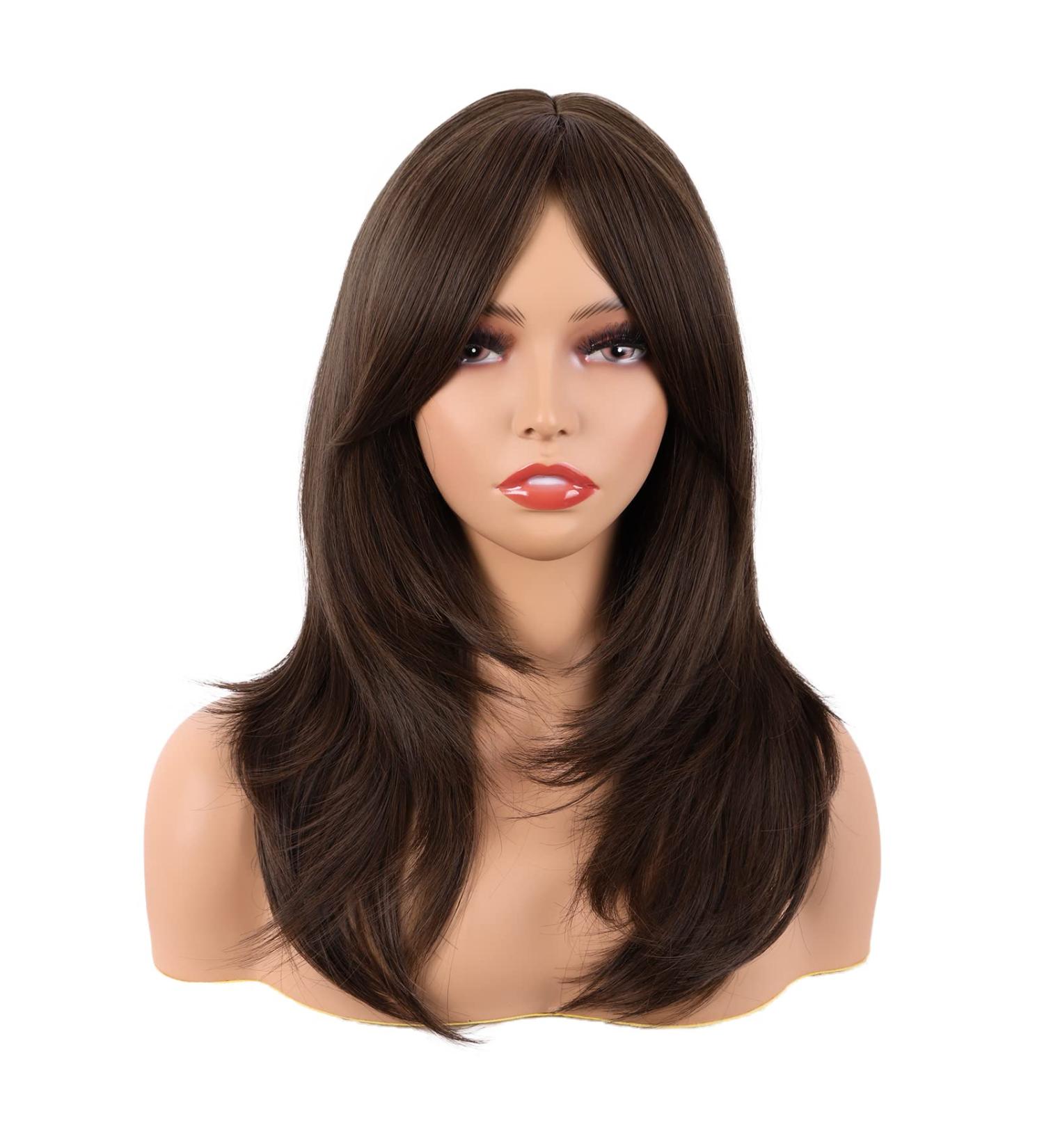 MapofBeauty 20 Inch Long Layered Synthetic Shoulder Length Wig with Bangs - Brown for Daily Use or Parties - Buy Online on SooperMarket.com