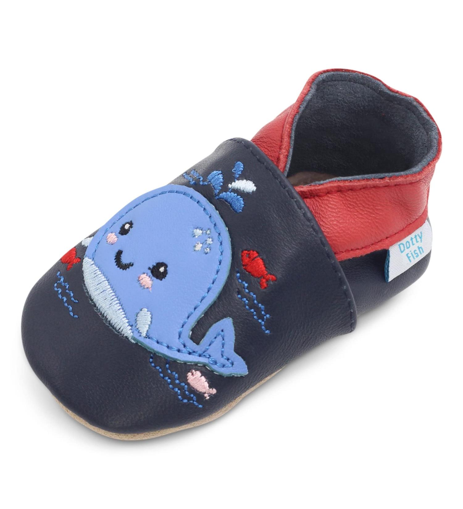 Dotty Fish Soft Leather Baby Shoes - Non Slip Animal Designs for Boys and Girls | Navy Whale | 0-6 Months to 4-5 Years - Buy Online on SooperMarket.com