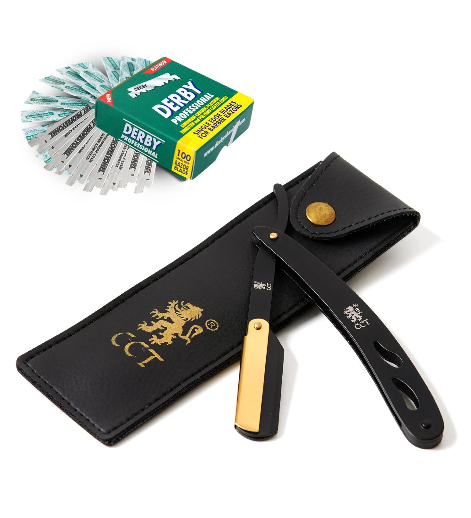 Cambridge Cutthroat Straight Edge Razor Kit - Stainless Steel Black & Gold Barber Razor with 10 Blades, Premium Single Blade Razor for Men with Travel Pouch - Buy Online on SooperMarket.com