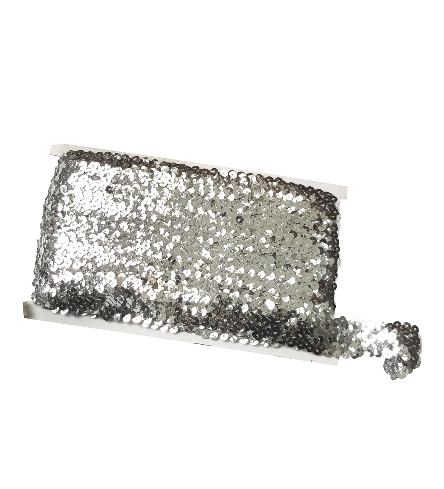 Gnognauq 10 Yards 1 Elastic Sequin Glitter Trim Spool - Metallic Silver Ribbon Trim for Wedding Dress, Headbands - 3-Row Paillette Fabric Embellishment - Buy Online on SooperMarket.com