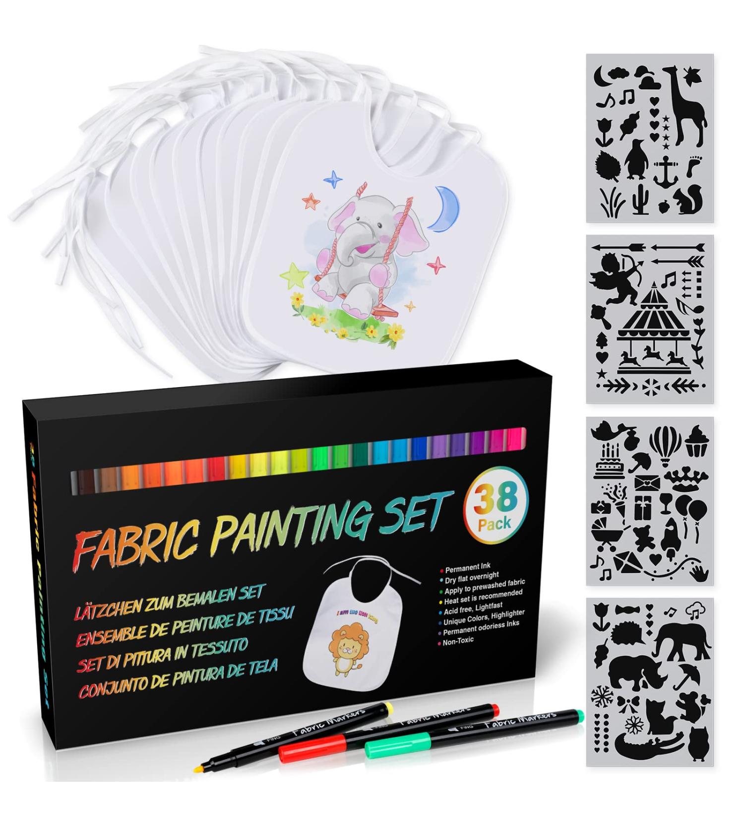 Anyuke 38-Piece Baby Care Set: 10 Washable Bibs 24 Textile Pens & 4 Stencils - Perfect for Baby Showers & Parties - Buy Online on SooperMarket.com