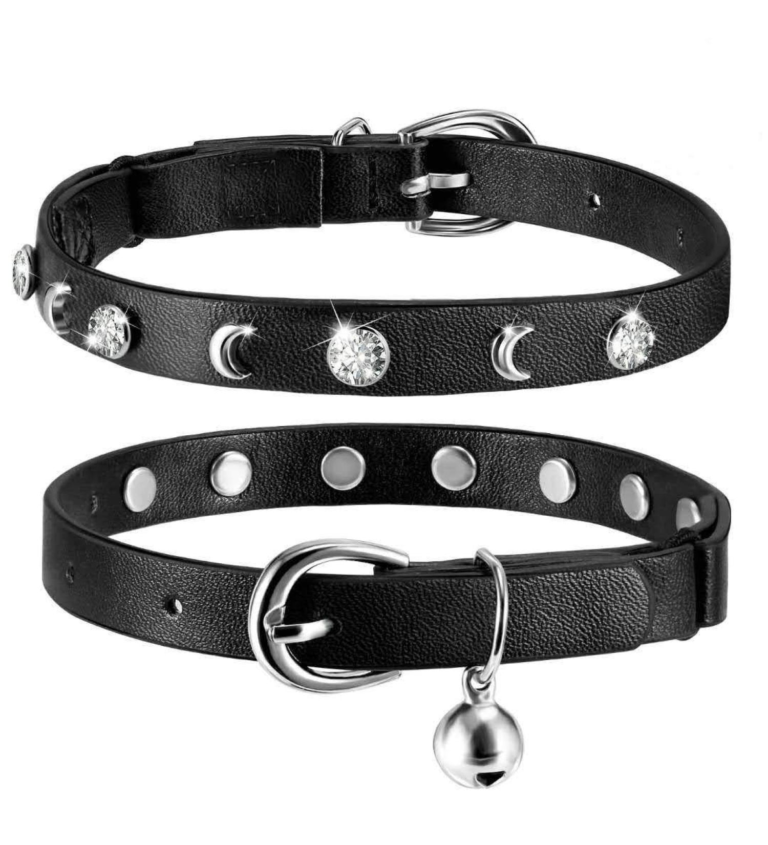 Personalized Leather Cat Collar with Bell and Rhinestone - Adjustable Safety Collar for Cats and Kittens (Black, 7-10 Inch) - Buy Online on SooperMarket.com