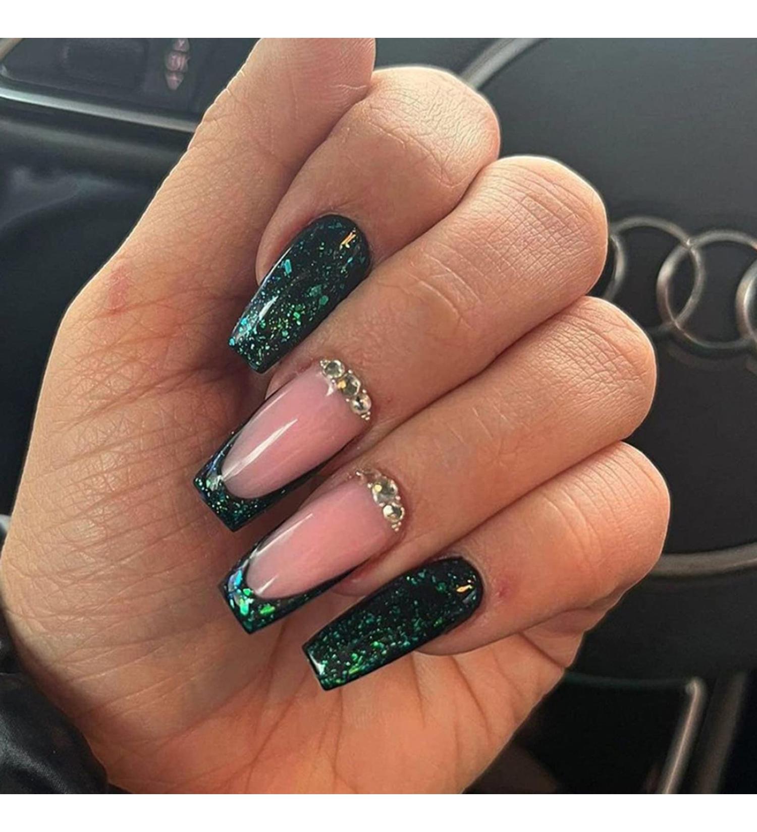 Green Rhinestone French Tip Press on Coffin Nails - Medium Full Cover Glitter Acrylic False Nails for Women - Buy Online on SooperMarket.com