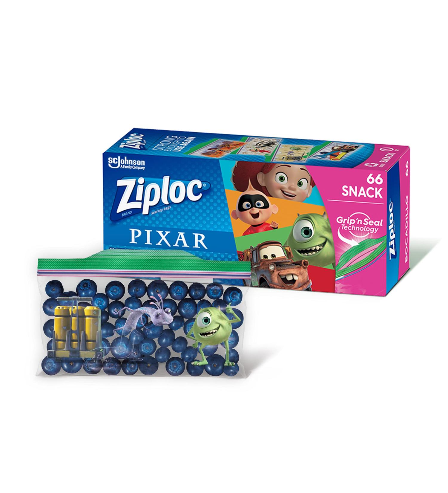 Ziploc Snack Bags with Grip 'n Seal Technology - 66 Count, Pixar Designs | On-the-Go Freshness, Easy Open/Close - Buy Online on SooperMarket.com