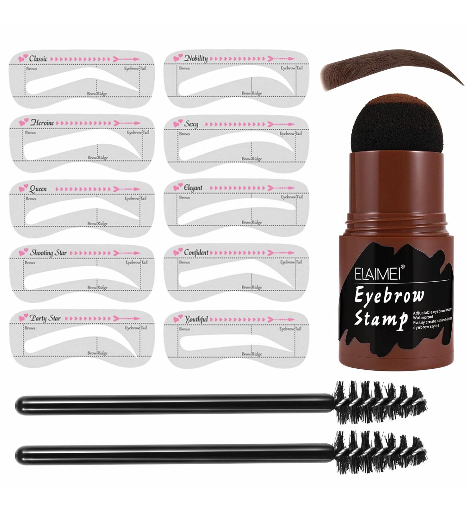 Eyebrow Stamp Shaping Kit with 10 Stencils & 2 Brushes - Long Lasting Brown Black Powder Makeup for Professional Results - Dark Brown Definer Set - Ideal Gift for Women - Buy Online on SooperMarket.com