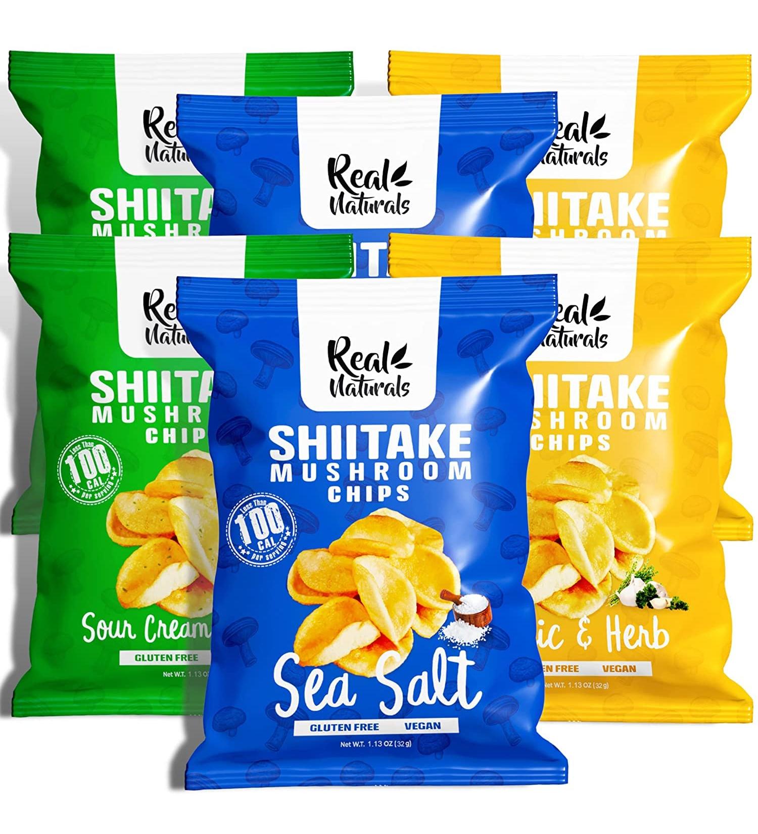 Shiitake Mushroom Chips - (6 pack) - Vegan Prawn Crackers Less than 100 calories Gluten Free mushroom snack. Variety pack - Sea Salt Sour Cream & Onion Garlic & Herbs flavour (6 pack) - Buy Online on SooperMarket.com