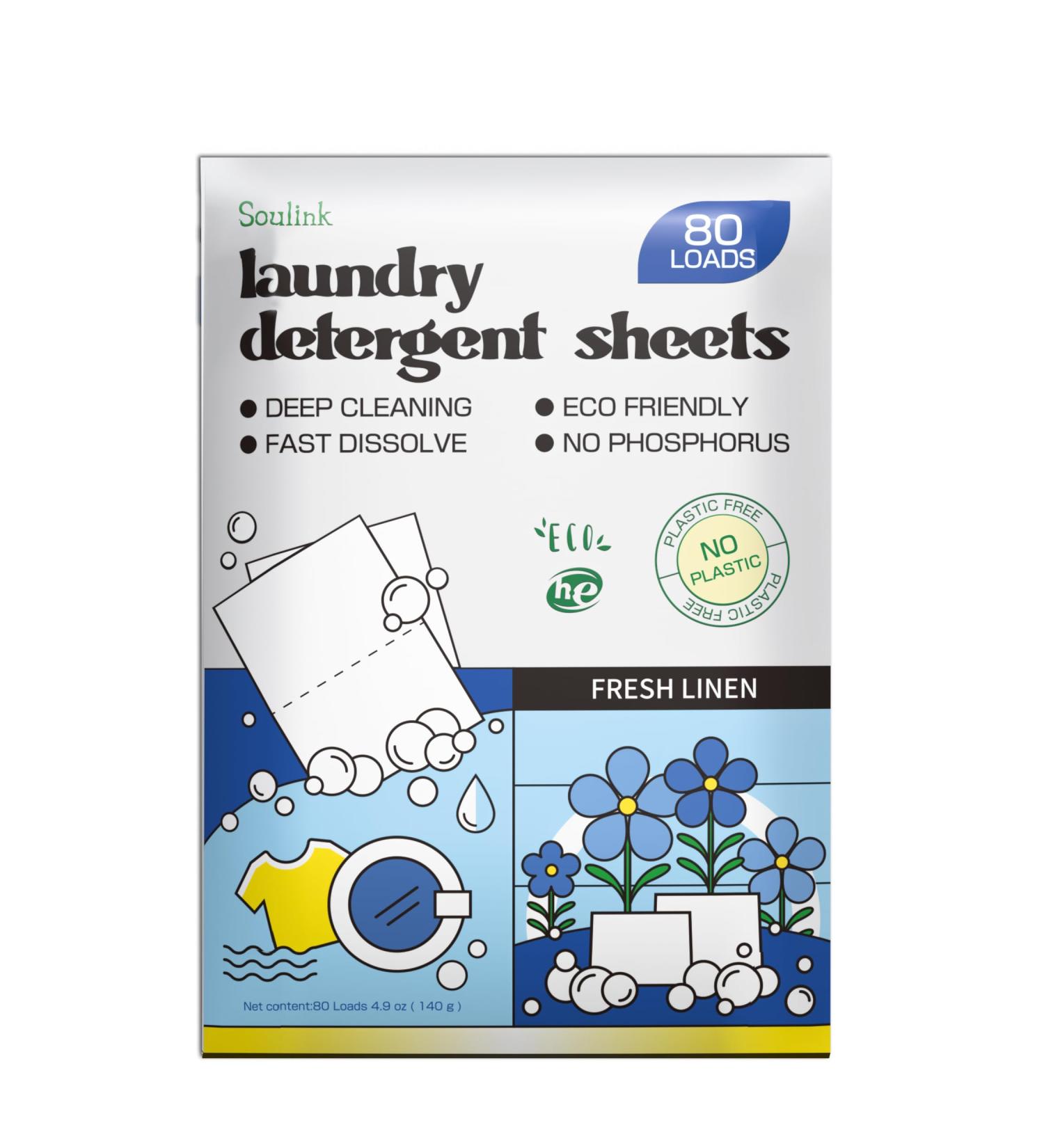 Soulink Eco-Friendly Laundry Detergent Sheets - 80 Loads Hypoallergenic Plant-Based & Travel Safe Fresh Linen Scent - Buy Online on SooperMarket.com
