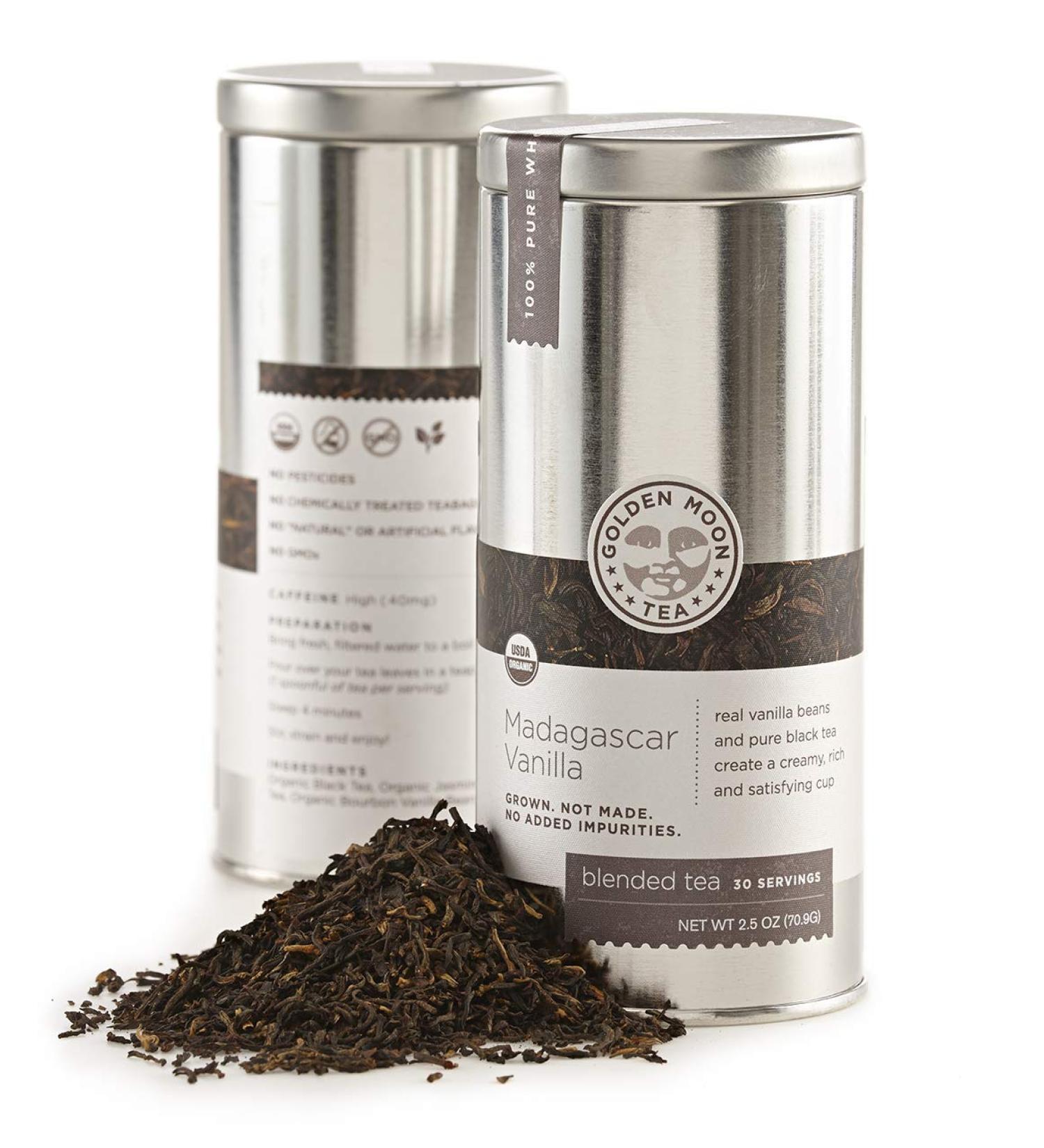 Golden Moon Organic Madagascar Vanilla Black Tea - Loose Leaf Travel Tin - Non-GMO - 2.5oz (30 Servings) - Buy Online on SooperMarket.com