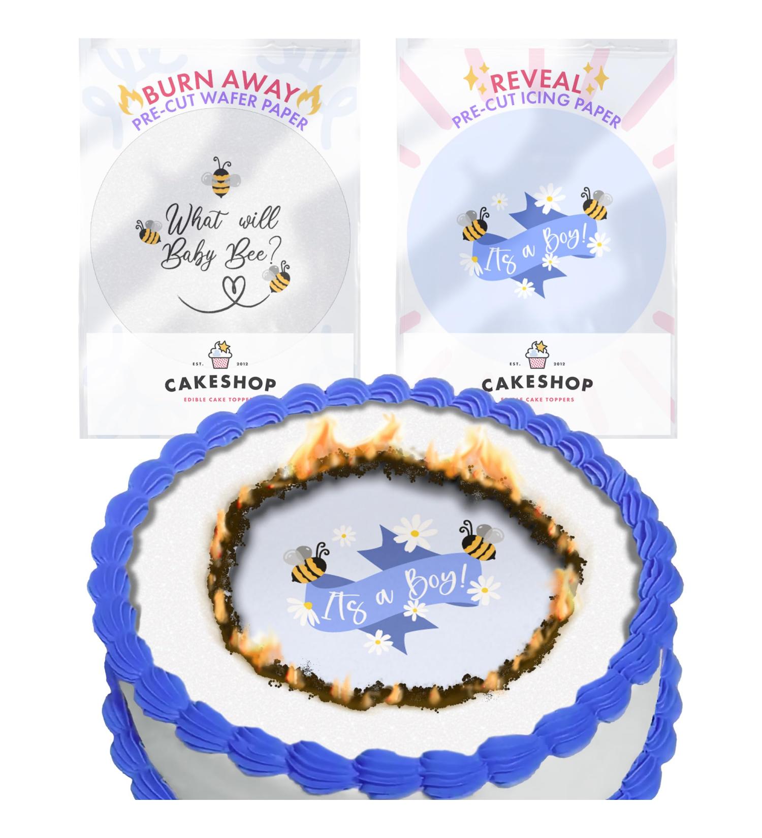 Cakeshop Burn Away Edible Cake Topper Pack | 1 x Icing sheet & 1 x Wafer Sheet | Cute it s a Boy Gender Reveal Bee Theme | Personalise With Your Custom Text | Multiple Shapes & Sizes to Choose Non-prime