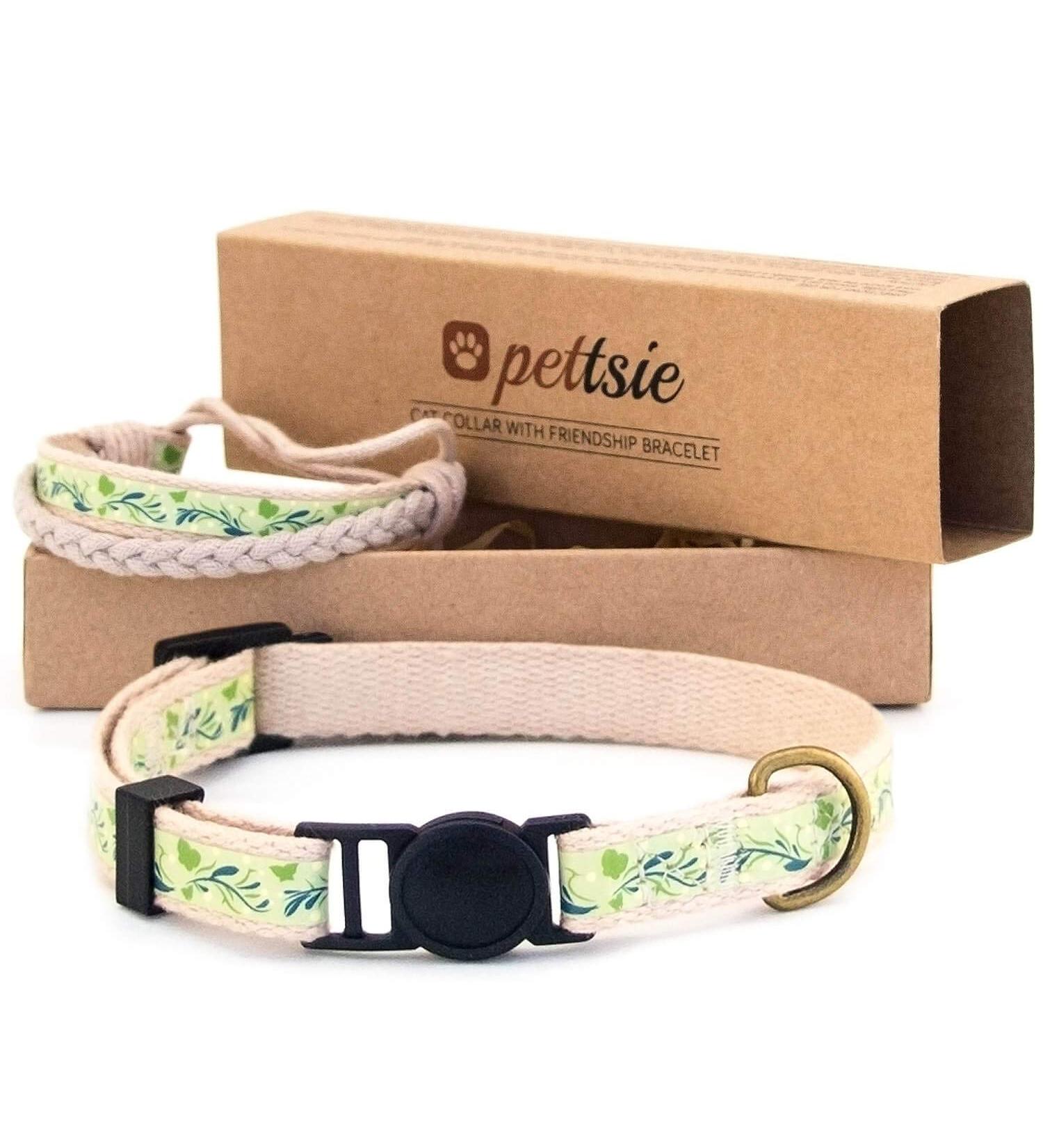 Pettsie Cat Collar Breakaway & Friendship Bracelet Set | Eco-Friendly Gift Box | D-Ring for Accessories | 100% Cotton | Adjustable Green Design - Buy Online on SooperMarket.com