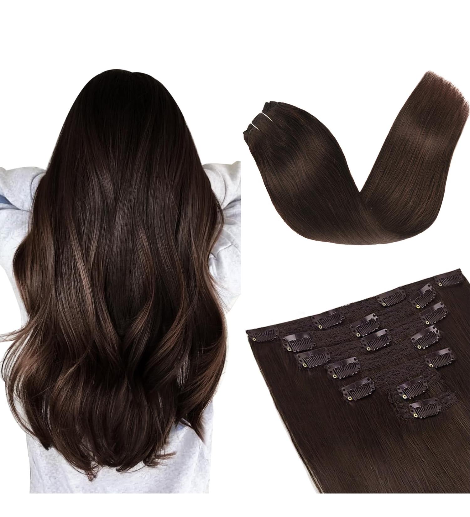 Vlasy Clip in Hair Extensions 14 70g Chocolate Brown Human Hair Seamless 7 Pieces Thick Weft Extensions for Women - Buy Online on SooperMarket.com