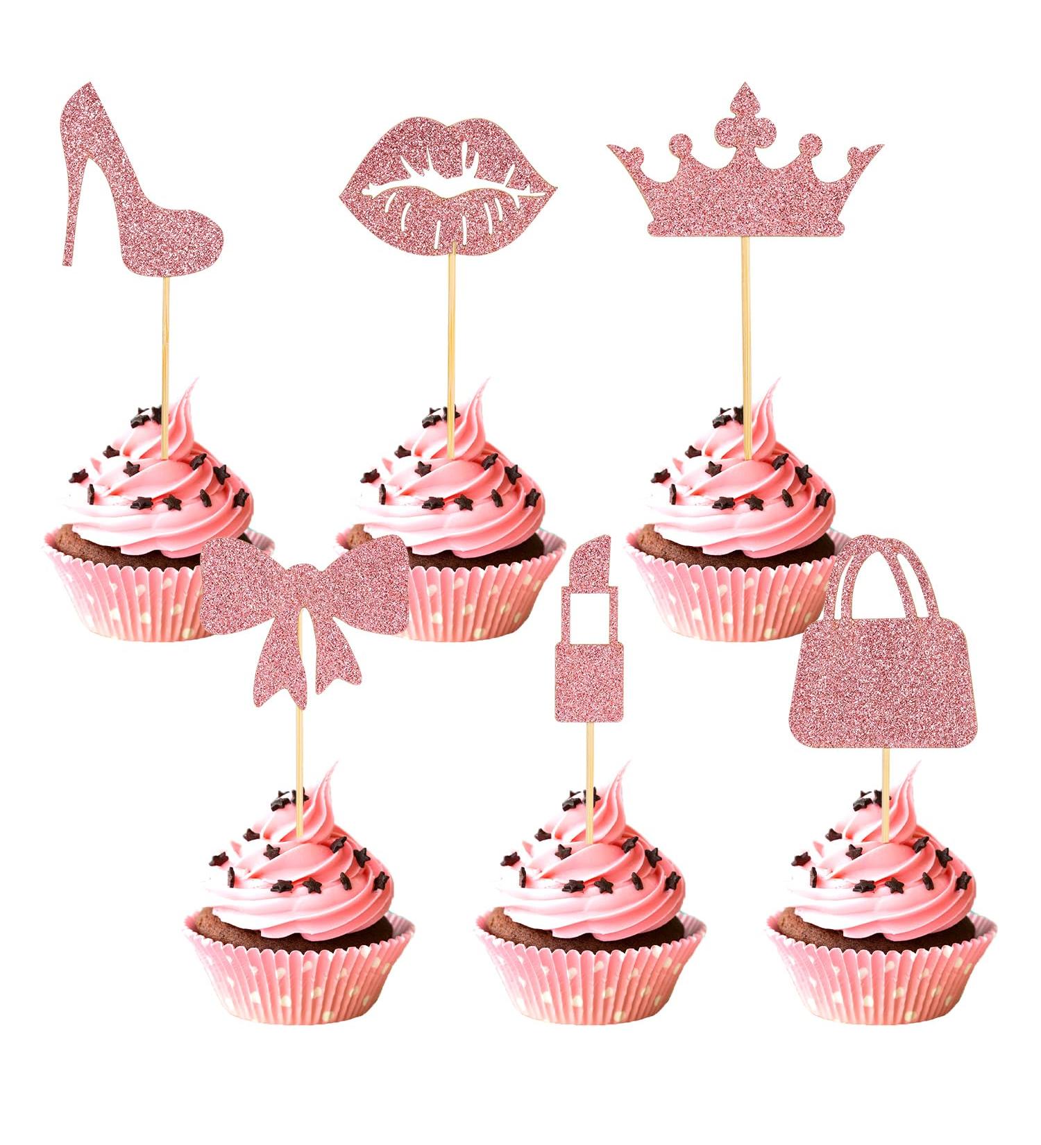 24pcs Princess Cupcake Toppers Glitter Pink Cupcake Decoration Lipstick High Heel Crown Lip Handbag Bow Cake Topper for Birthday Wedding Baby Shower Bachelorette Party Supplies - Buy Online on SooperMarket.com