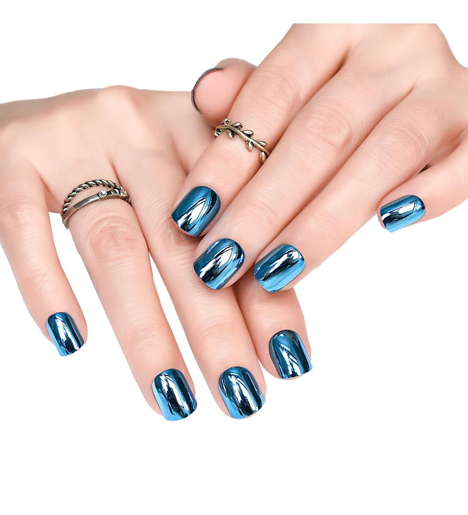 Buy iMABC Blue Metallic Press On Nails - Medium Squoval Reusable Fake Nail Art for Women & Girls | Perfect for Home Office & Parties - Buy Online on SooperMarket.com