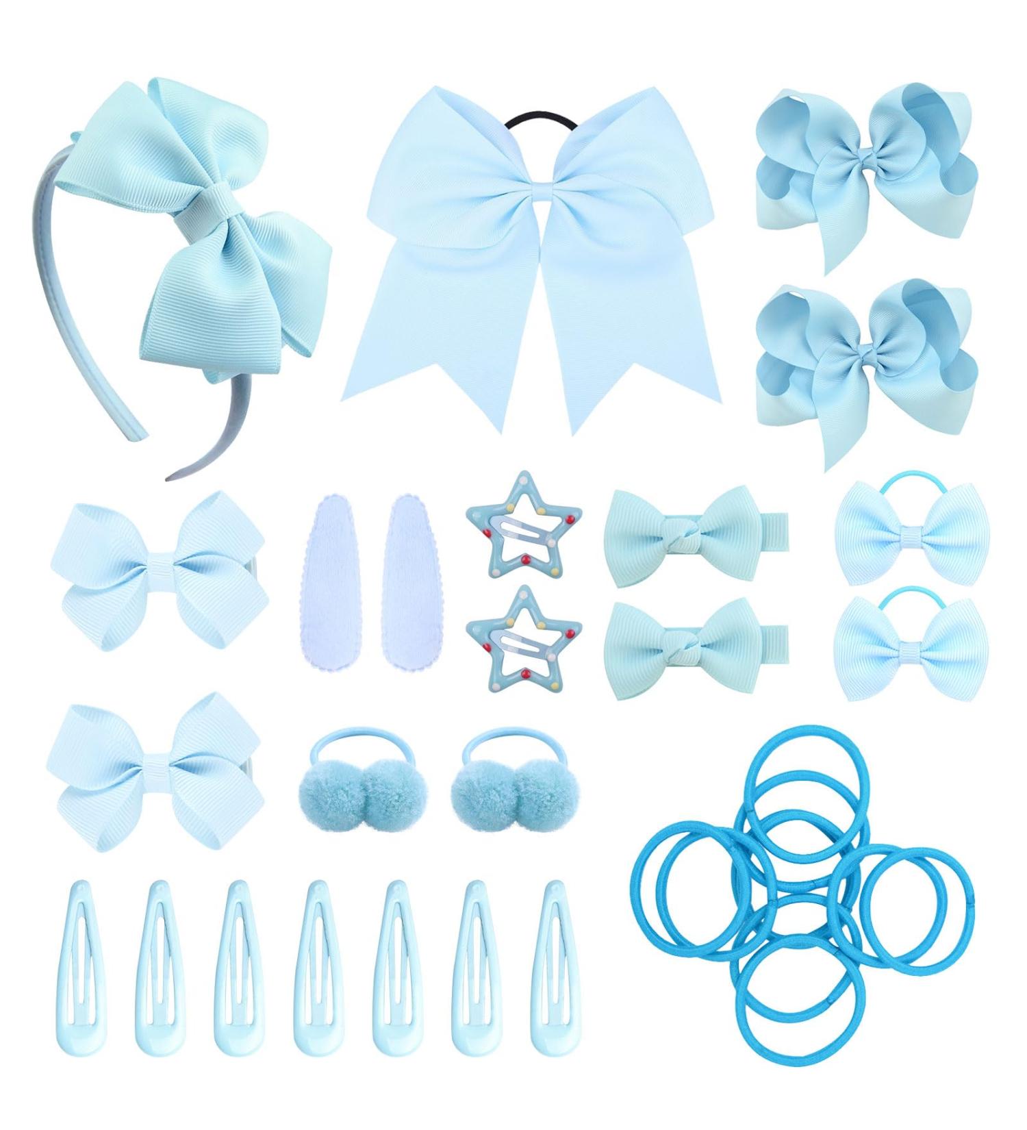SKHAOVS 33 Pieces Sky Blue Girls School Hair Accessories Kit Girls Hair Accessories Set Ribbon Style Bow Bobbles Headband Large Cheer Bow Hair Accessories Girl Teen Toddler Birthday Gift (Sky Blue) - Buy Online on SooperMarket.com