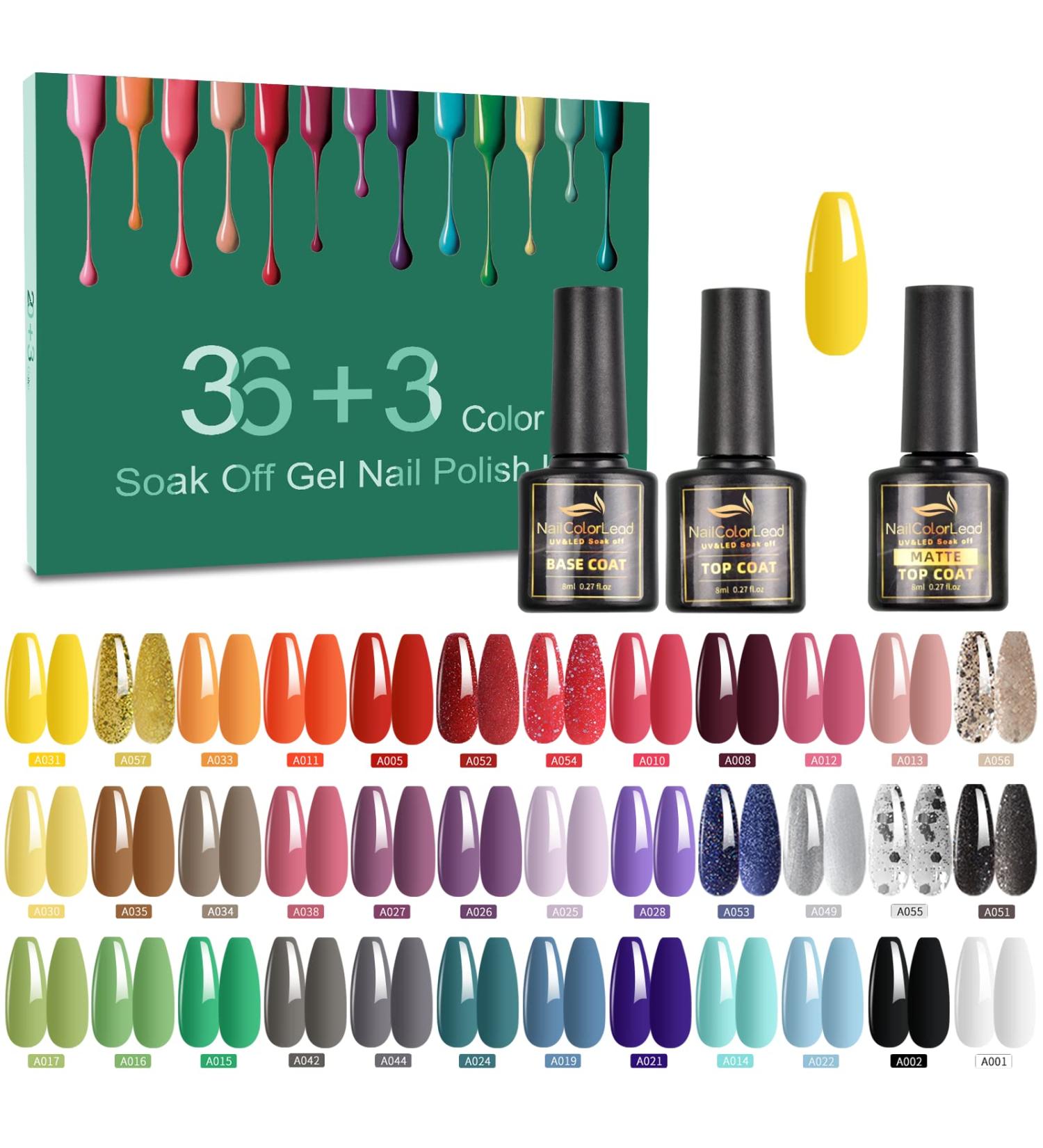 39 Pcs Gel Nail Polish Set - 36 Colors UV LED Soak Off Nail Gel Kit with Glossy & Matte Top Coat - Popular Nail Art Colors - Buy Online on SooperMarket.com