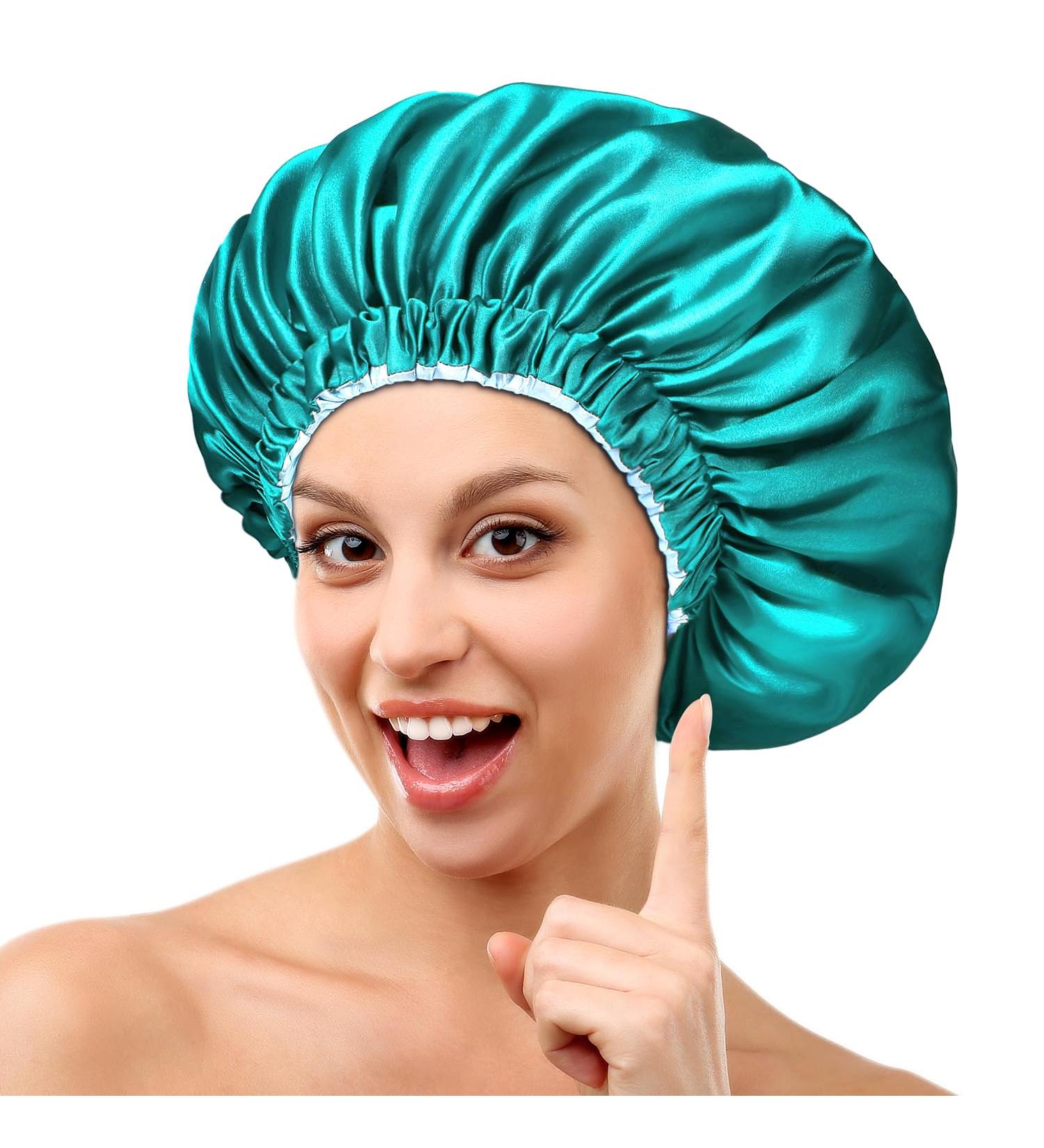 Mikimini Satin Sleep Hood for Long Curly Hair | 2 Pack Green & Light Blue | Double-Layer Silk Hair Caps for Women | Extra Large Stretchy Sleep Caps - Buy Online on SooperMarket.com