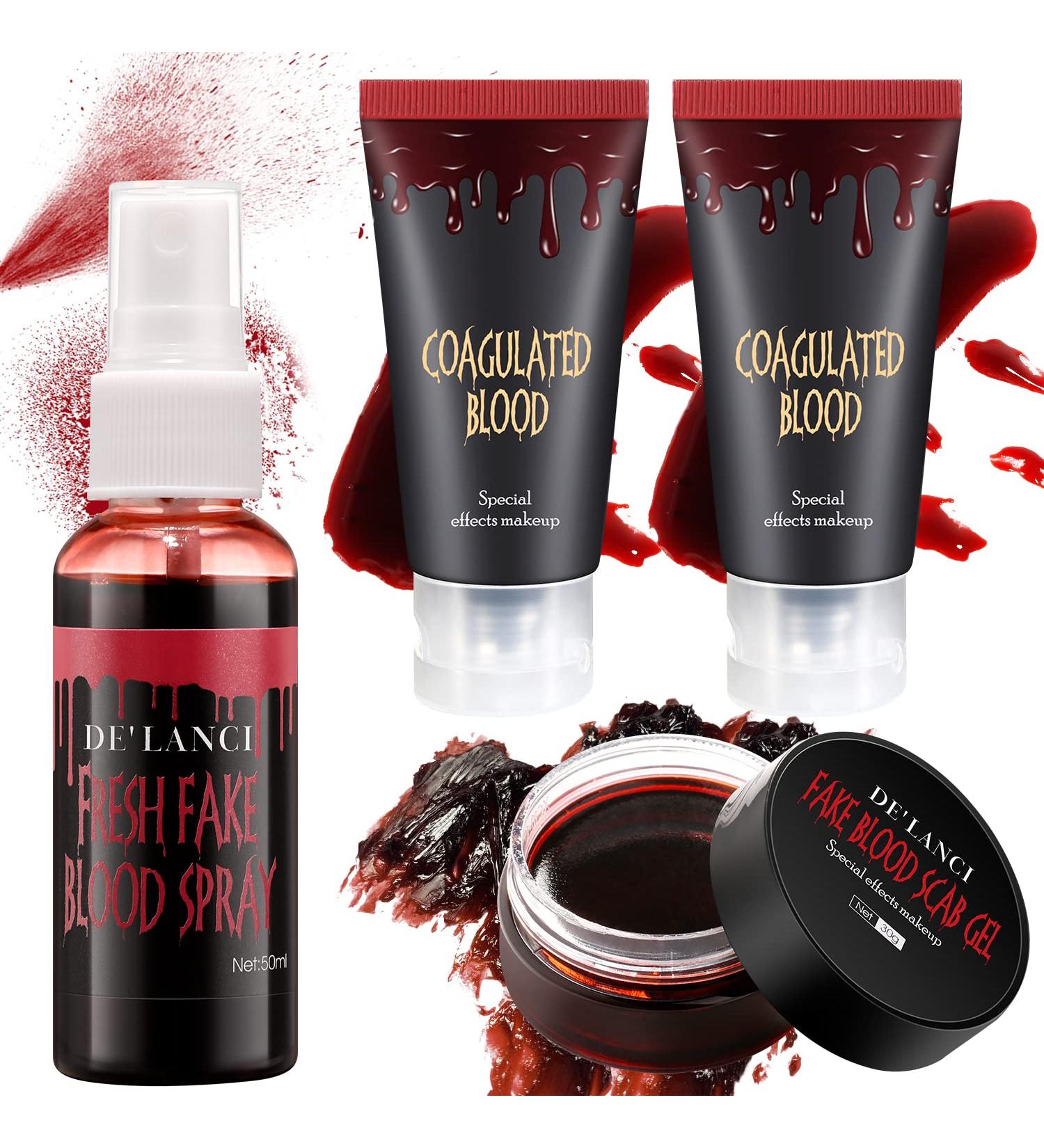 Fake Blood Makeup Kit - Washable Spray, Coagulated & Stage Blood Set - Halloween Face & Body Paint for Vampire, Zombie, Clown - 4pcs - Buy Online on SooperMarket.com