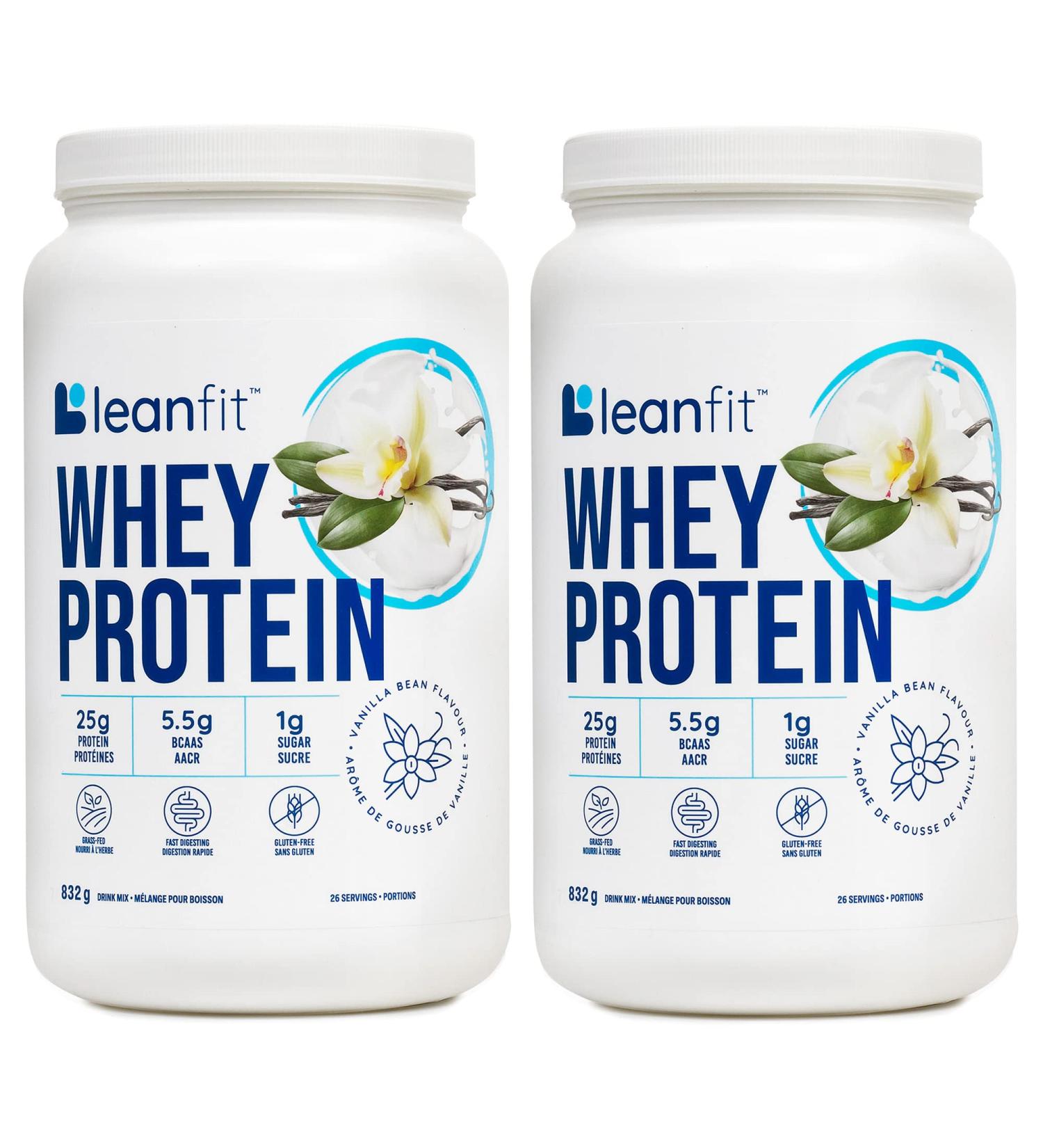 LEANFIT WHEY PROTEIN Natural Vanilla - Pack of 2 (two) 100% Whey Protein Powder 25g Protein Per Serving Grass-Fed Gluten-Free BCAAs Amino Acid - 26 Servings 832g Tub - Buy Online on SooperMarket.com