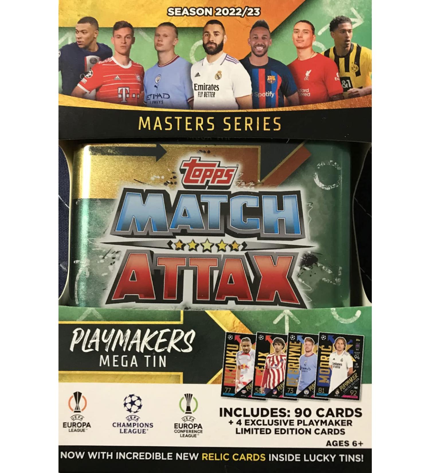 2022-2023 Topps PLAYMAKERS UEFA Champions League Match Attax Soccer Trading Card Game Mega Masters Series - 90 Card Collector Tin with 4 Exclusive Limited Edition Cards - Buy Online on SooperMarket.com