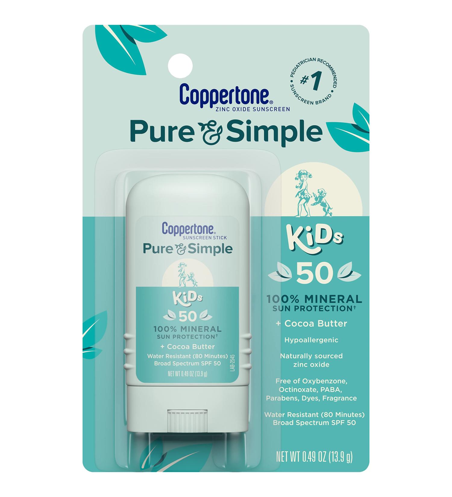 Coppertone Pure and Simple Kids Sunscreen Stick SPF 50 - Zinc Oxide Mineral, Tear-Free, Water-Resistant, Broad Spectrum SPF 50, 0.49 Oz Stick - Buy Online on SooperMarket.com