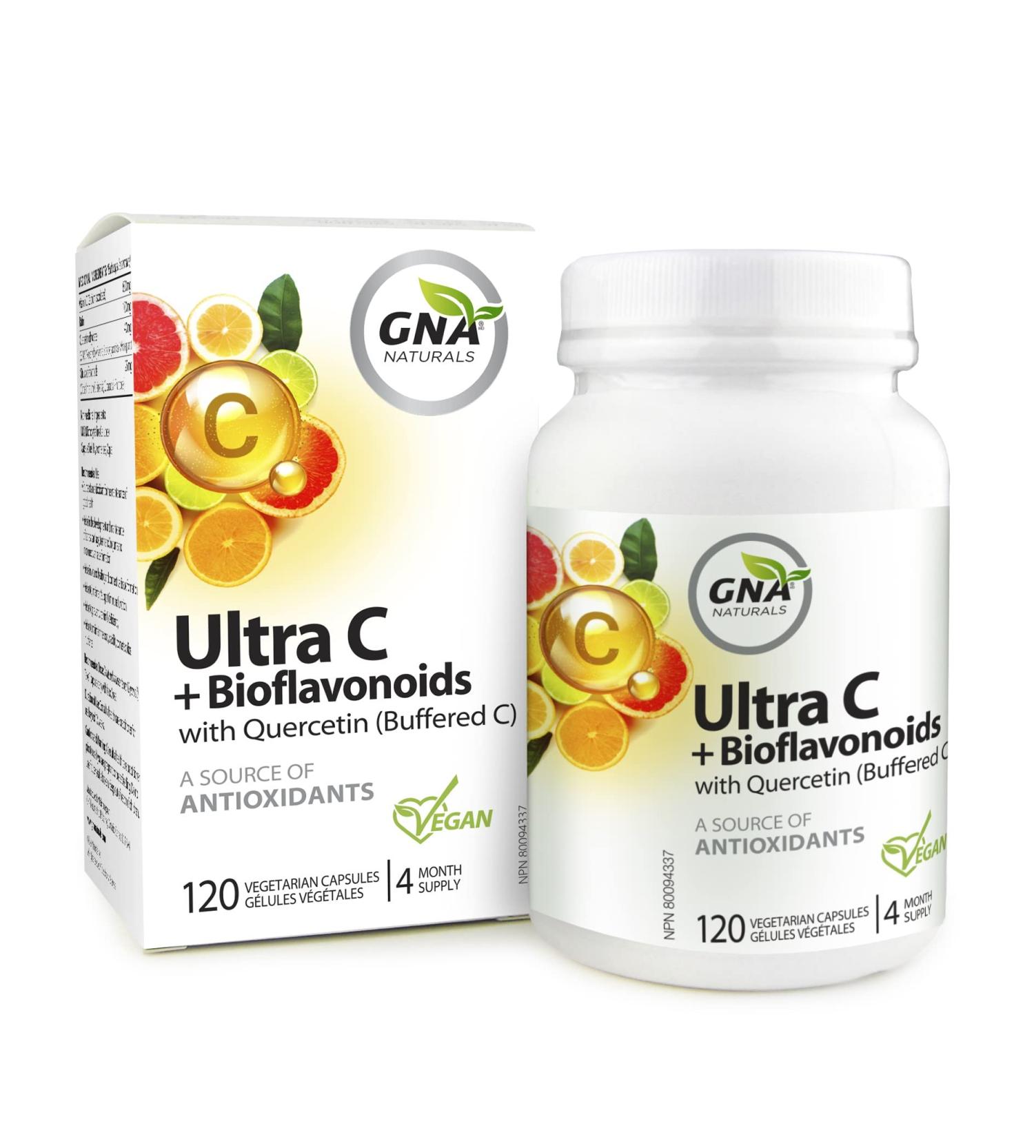 GNA Naturals Ultra Vitamin C 600mg + Bioflavonoids with Quercetin Dihydrate - Vitamin C Ascorbate Acid 120 V-Caps 4 Month Supply - Promotes Healthy Bones Gums & Teeth - Vitamin C Complex Supplement - Buy Online on SooperMarket.com