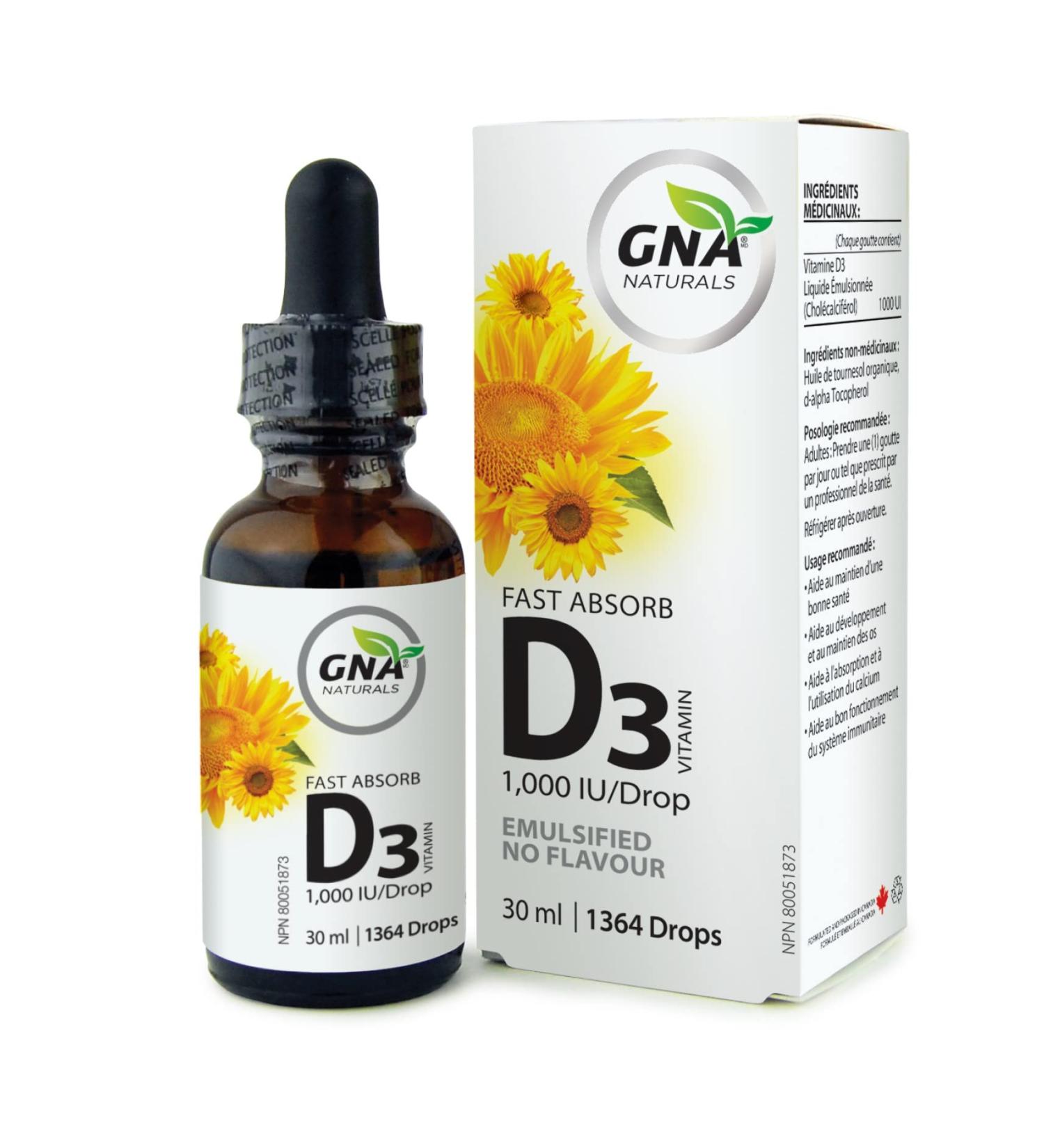 GNA Naturals - Fast Absorb Vitamin D3 1 000 Iu/Drop - Emulsified No Flavour 30ml/ 1364 drops 30 milliliter - Buy Online on SooperMarket.com