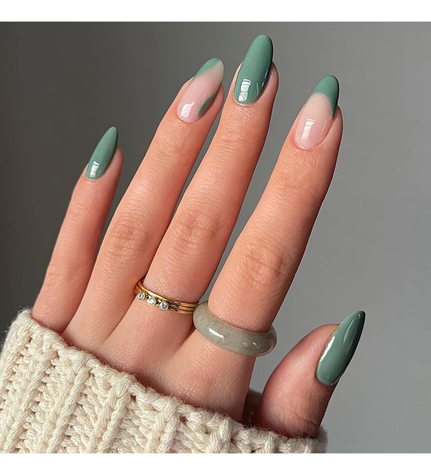 Sunjasmine 24 Pc Almond Fake Nails with Nail Glue - Green Designs | Acrylic Press on Nails for Women & Girls - Buy Online on SooperMarket.com