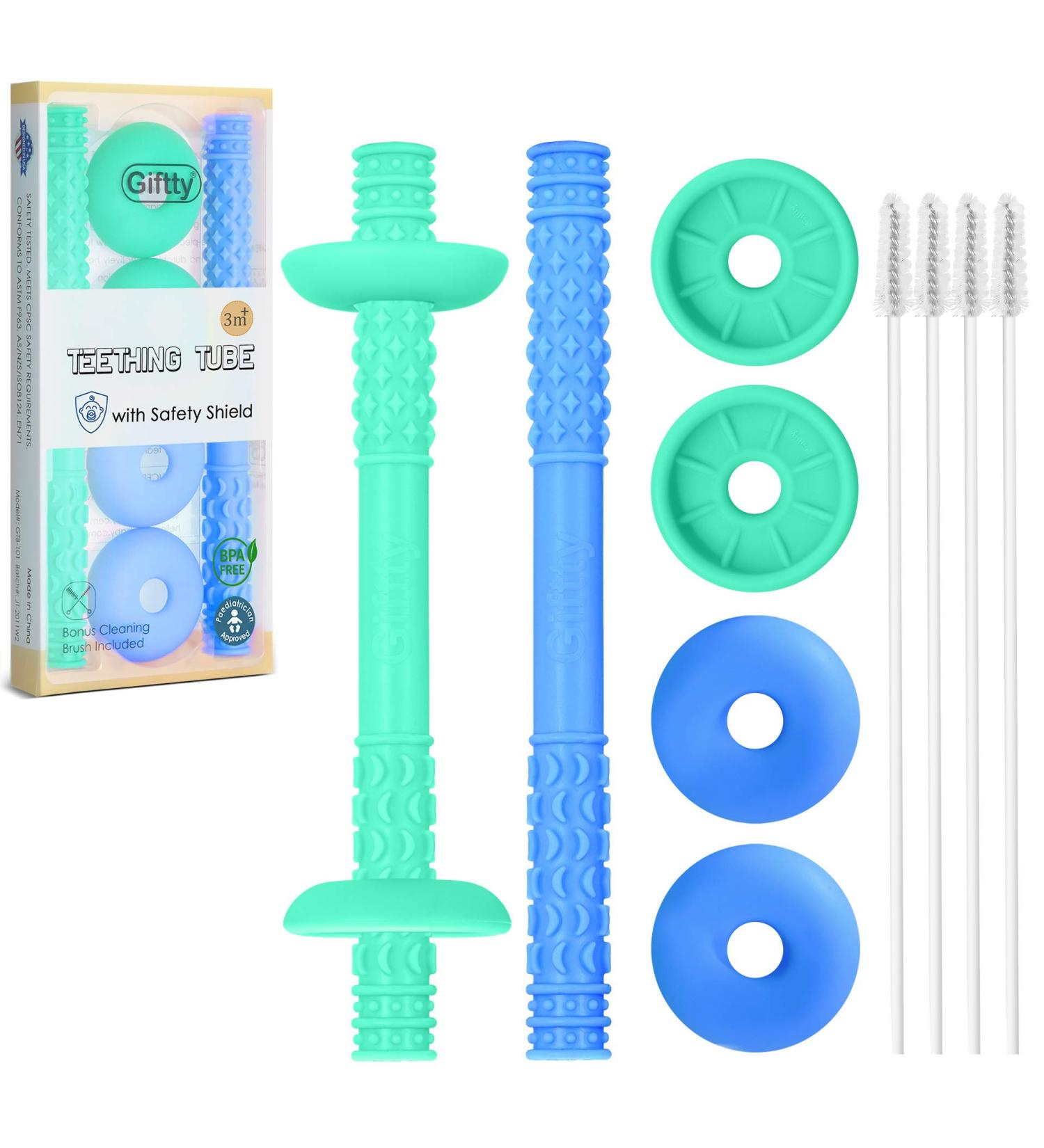 Teething Tube with Safety Shield Baby Hollow Teether Sensory Toys Gum Massager  Food-Grade Silicone for Infant 3-12 Months Boys Girls  1 Pair with 4 Cleaning Brush Included (Emerald+Blue) Emerald+Gray - Buy Online on SooperMarket.com