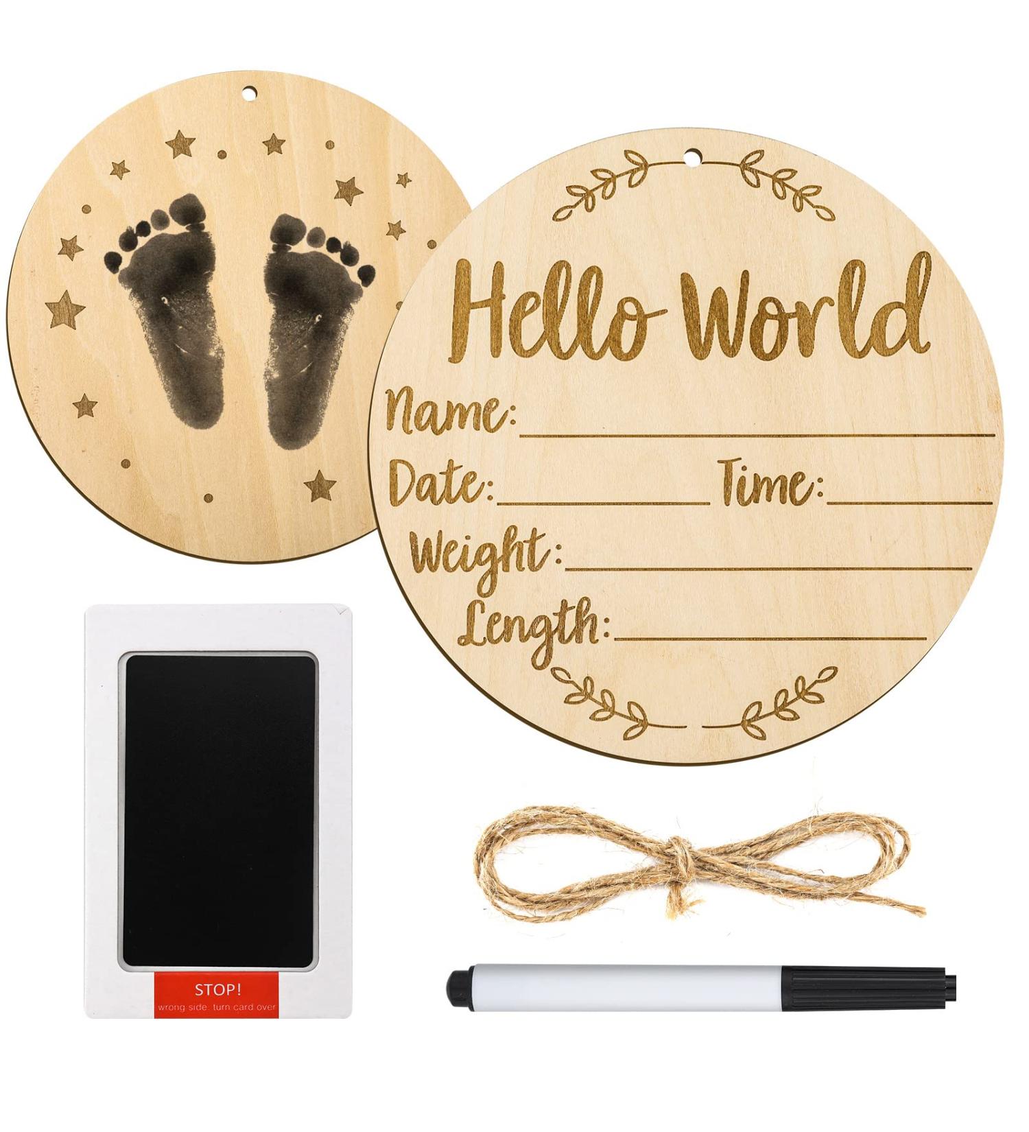 Baby Announcement Sign - 15cm Round Milestone Cards for Newborns | Wood Stamp Cushions for Hand & Footprints | Hello World Photo Props - Buy Online on SooperMarket.com