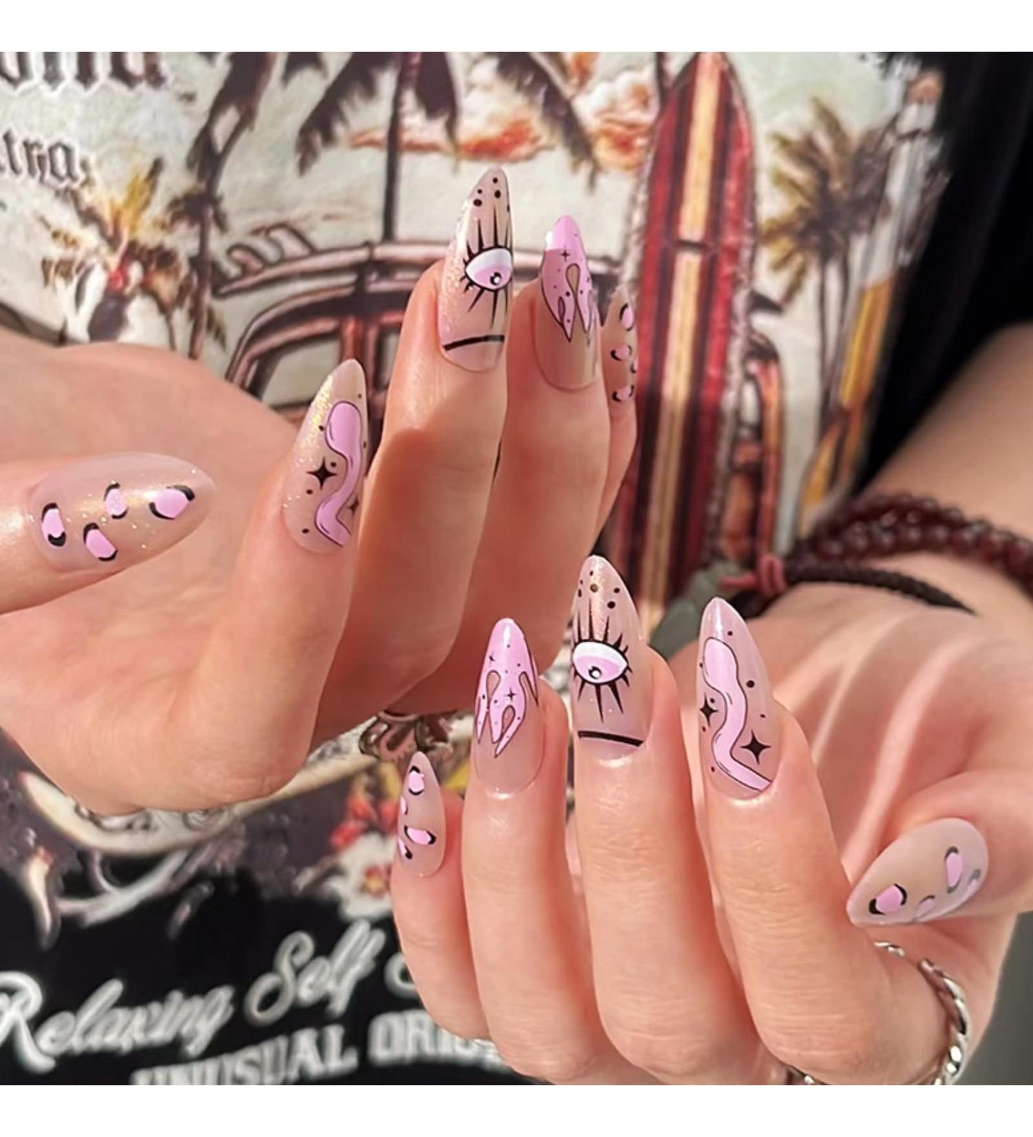 Runrayay 24pcs Press On Nails - Pink Midrings with Snake & Flame French Designs | Oval Nail Art for Women & Girls - Buy Online on SooperMarket.com