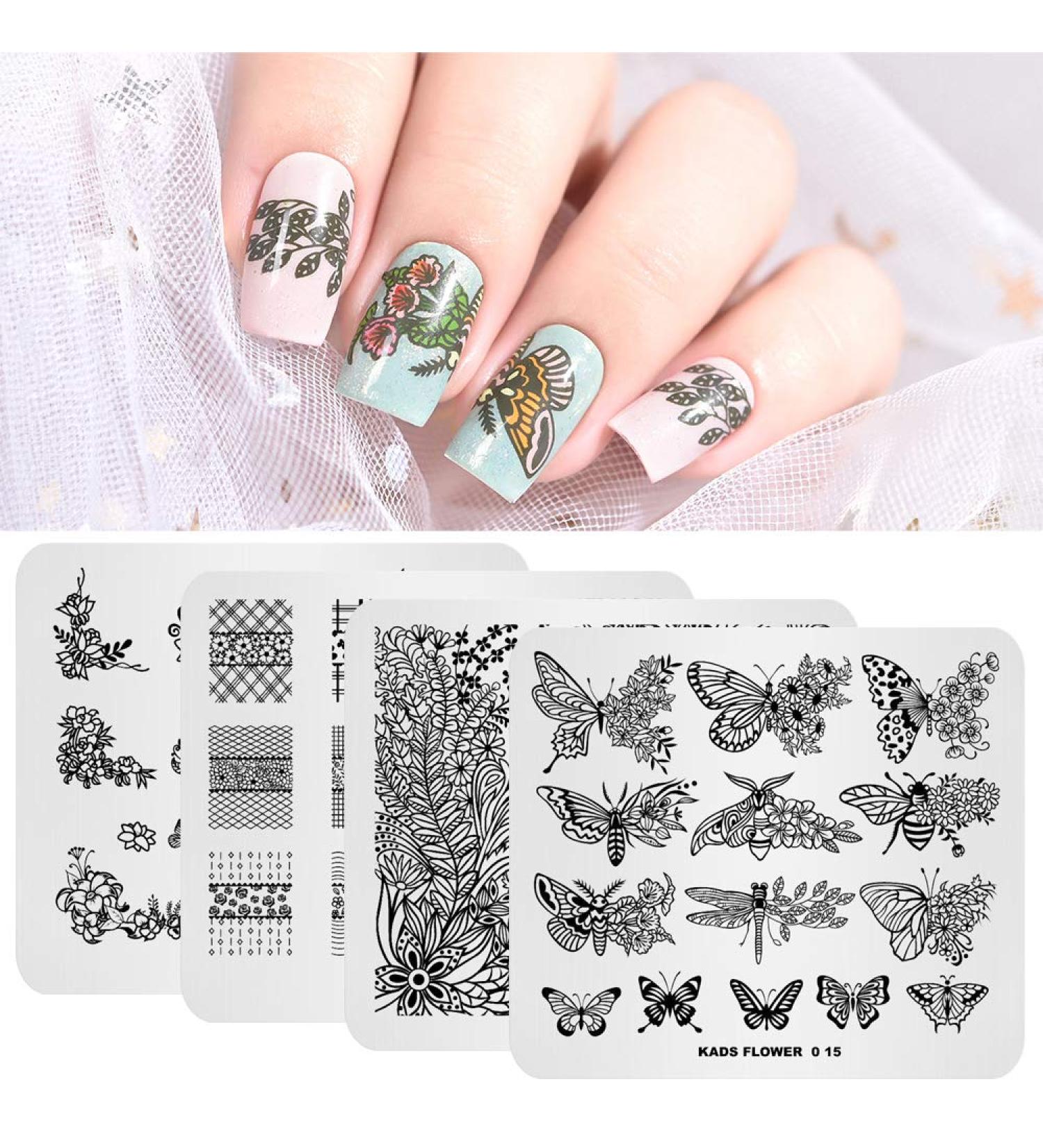 4-Piece Nail Art Stamping Plates - Floral Butterfly & Plaid Design Templates for Perfect Manicure - Multi-Pattern Stencil Tool - Buy Online on SooperMarket.com