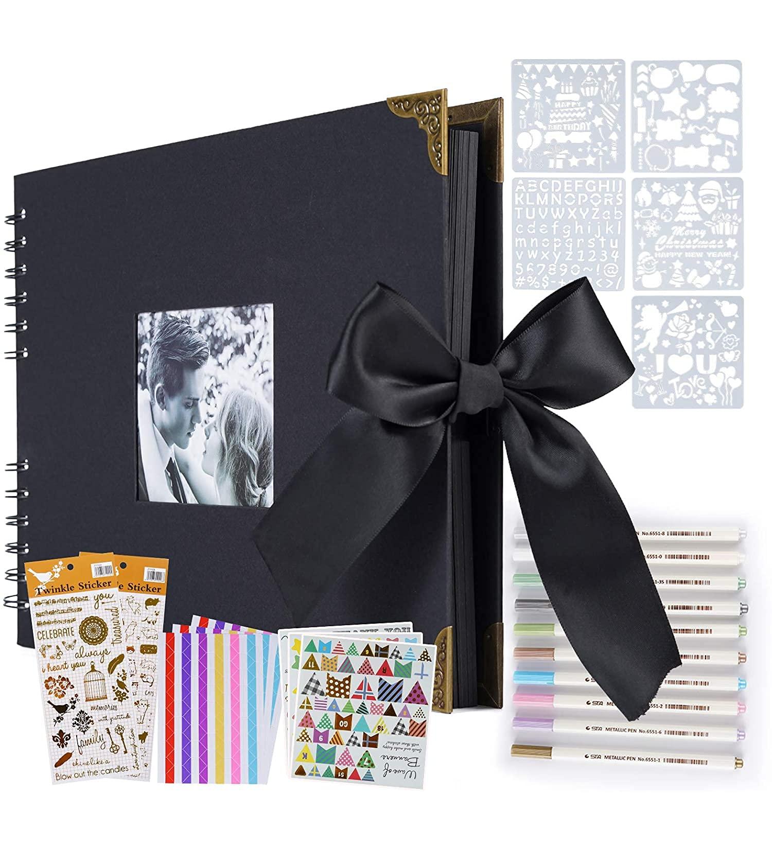 OLAI Scrapbook Photo Album 80 Pages DIY Craft Paper Book Set + Metal Pen - Black | Anniversary Wedding Graduation Travel Album - Buy Online on SooperMarket.com