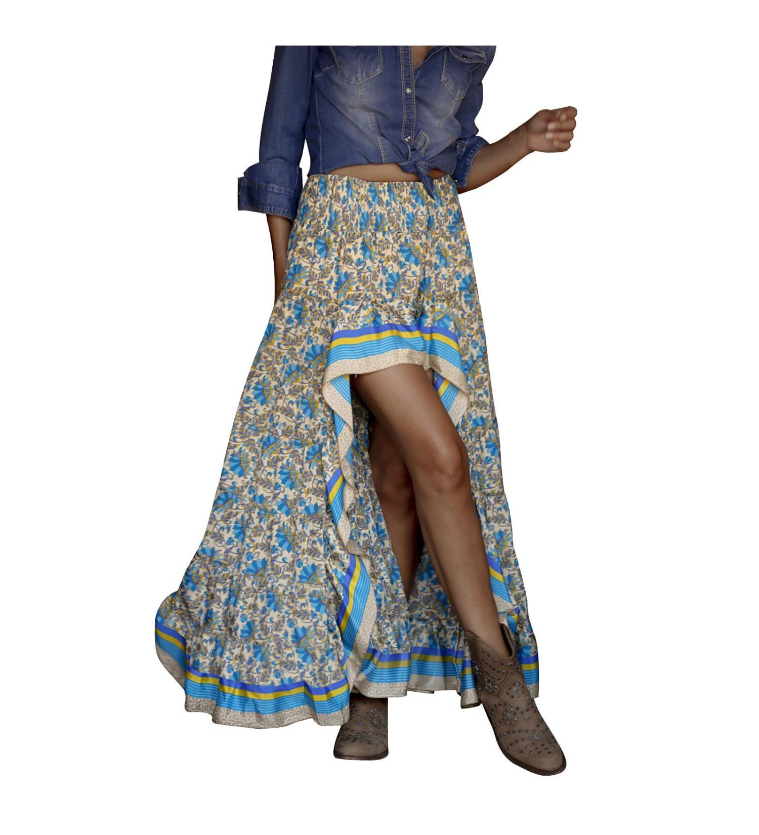 Sanahy Women Boho Floral Print High Low Maxi Dress - Blue XL - Buy Online on SooperMarket.com