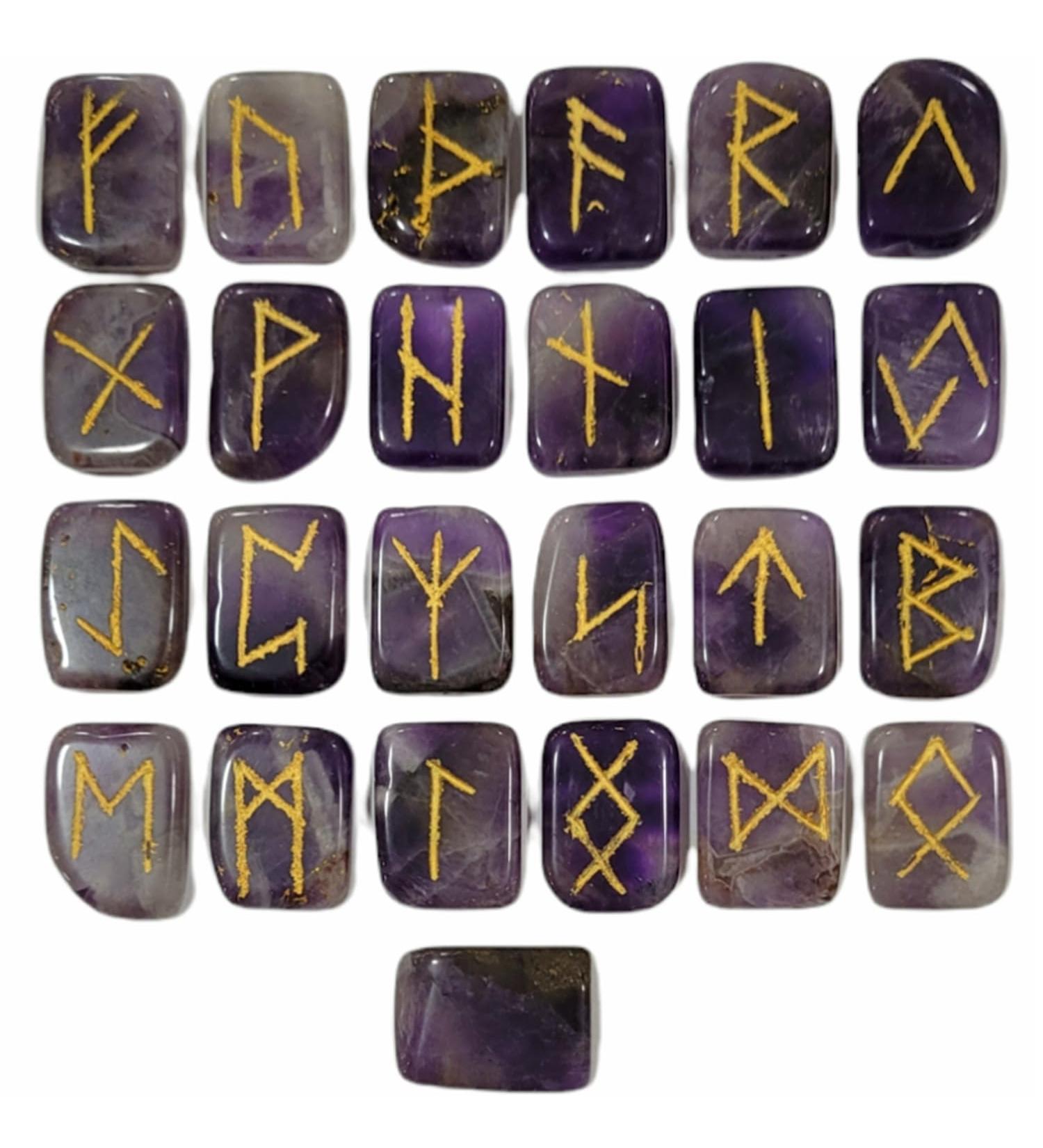 Amethyst Runes Crystal Rune Stones Set Elder futhark Viking Gemstone Reiki Healing Golden Engraved Runic Alphabets (Amethyst) - Buy Online on SooperMarket.com