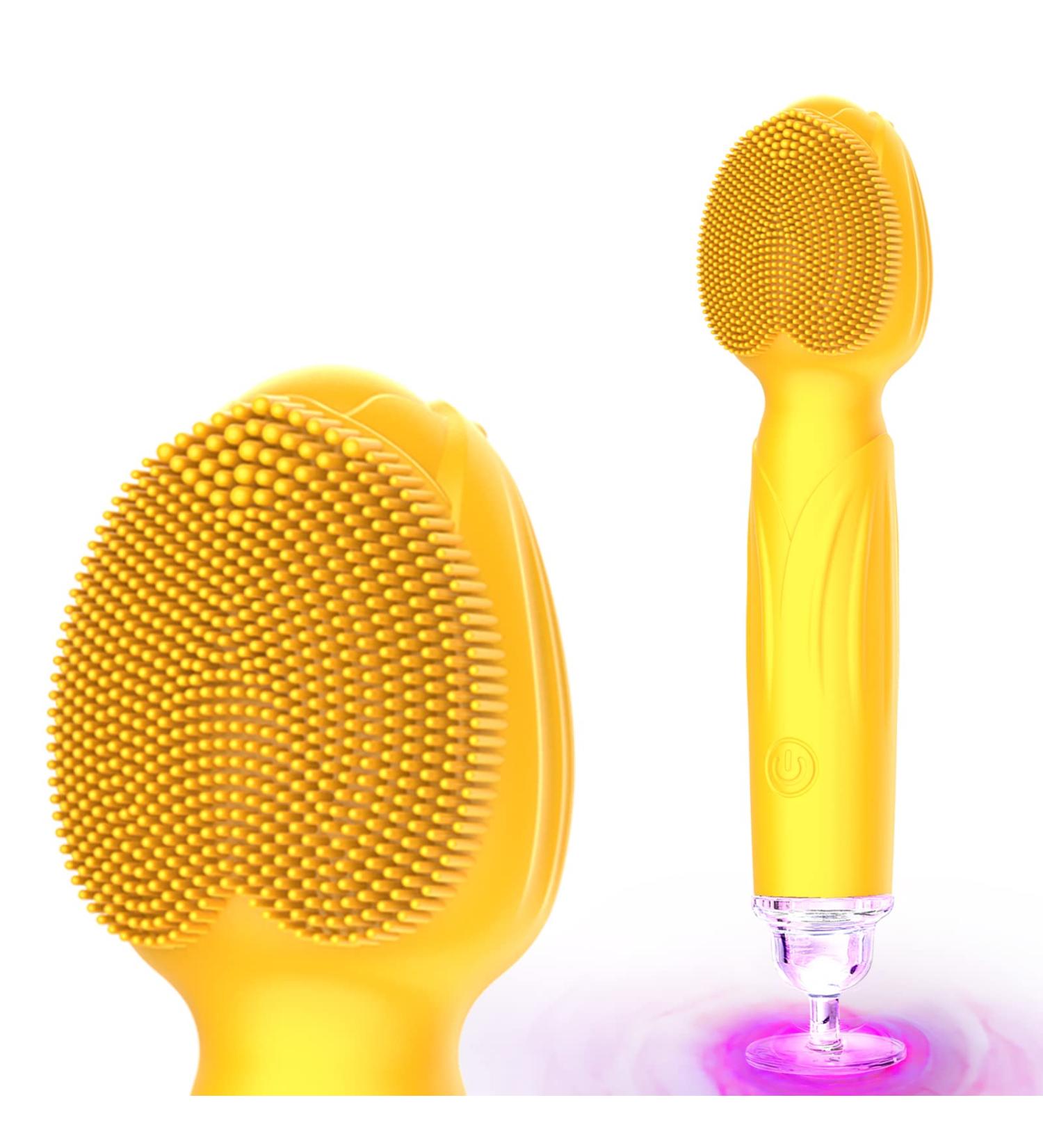 Sonic Facial Cleansing Brush - Waterproof Rechargeable Silicone Face Scrubber for Men & Women - Portable Electric Exfoliating Massager - Yellow - Buy Online on SooperMarket.com