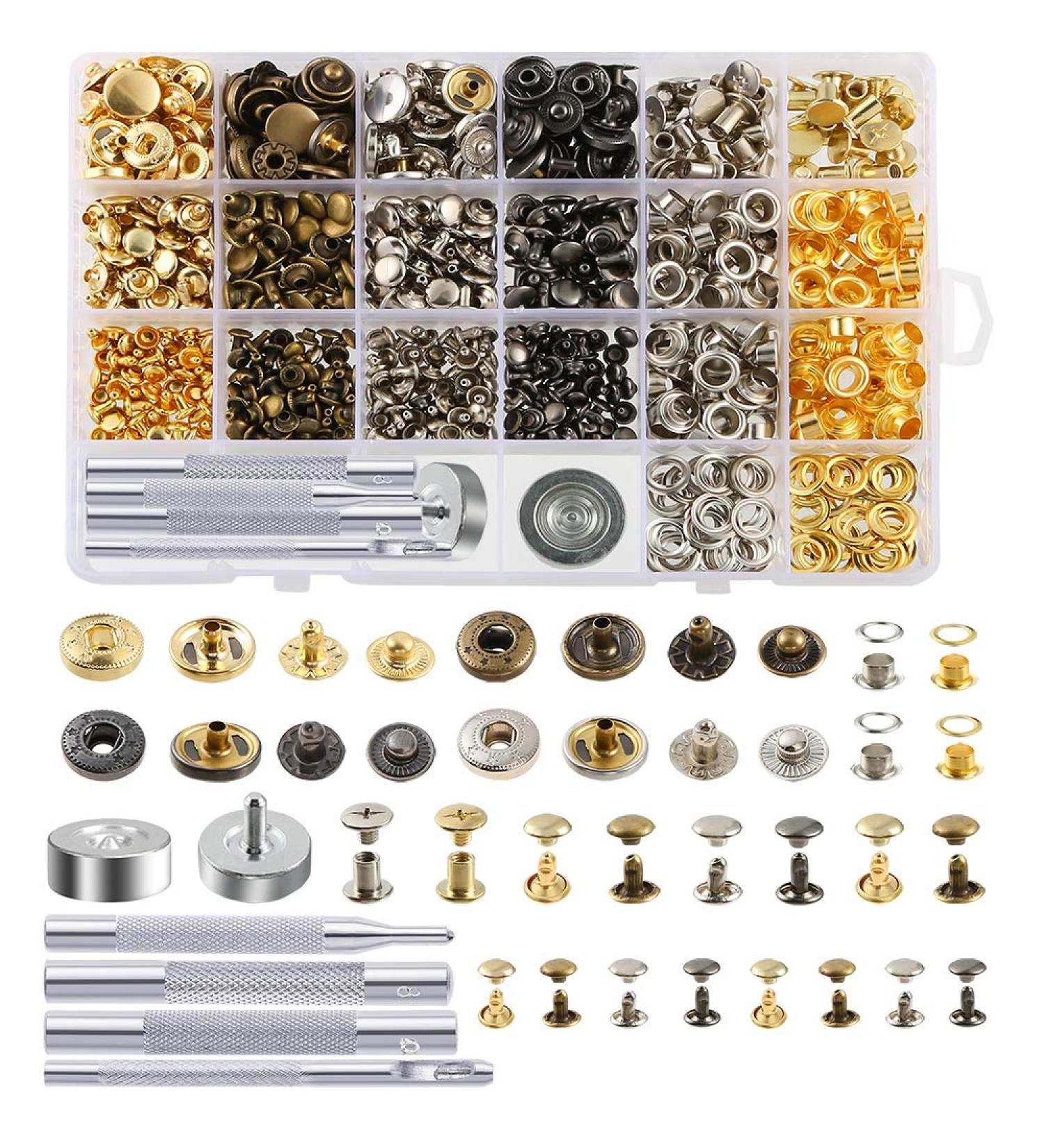 Caydo 400 Set Snap Fasteners Kit for Leather Rivets, Eyelets, Grommets, Snap Buttons - Ideal for Leather Jackets, Jeans - Includes Fixing Tools - Buy Online on SooperMarket.com