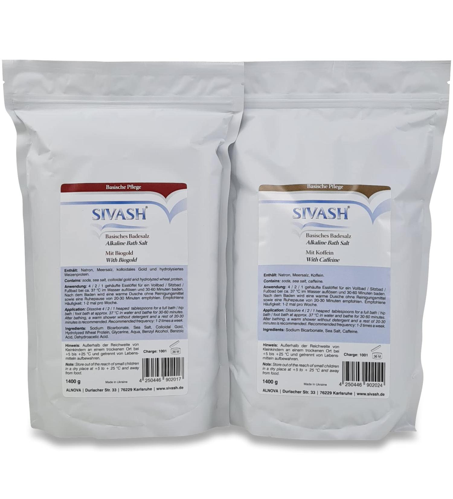 SIVASH Alkaline Bath Salt Set consisting of Salt with Biogold 1400g and Salt with Caffeine 1400g