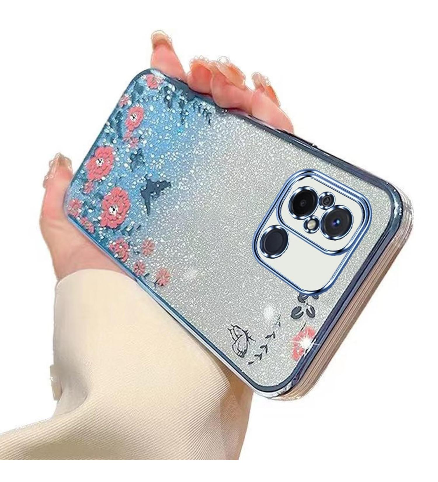 Tivenfezk Glitter Diamond Case for Xiaomi Redmi 12C Sparkle Flower Butterfly Soft Silicone Cover | Protective Etui in Blue - Buy Online on SooperMarket.com