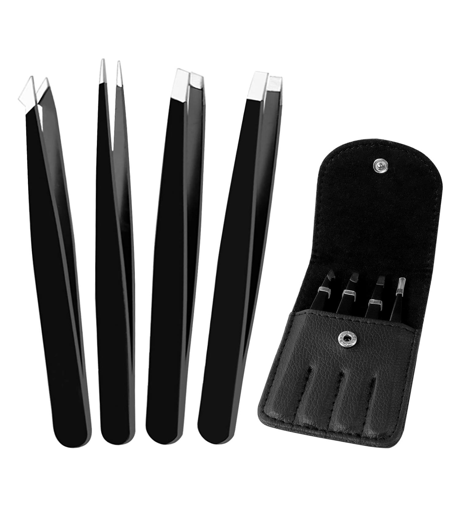 Sularpek 4-Piece Professional Stainless Steel Eyebrow Tweezers Set with Leather Case - Ideal for Ingrown Hair, Eyebrow Plucking, and Facial Hair Removal - Women & Men - Buy Online on SooperMarket.com