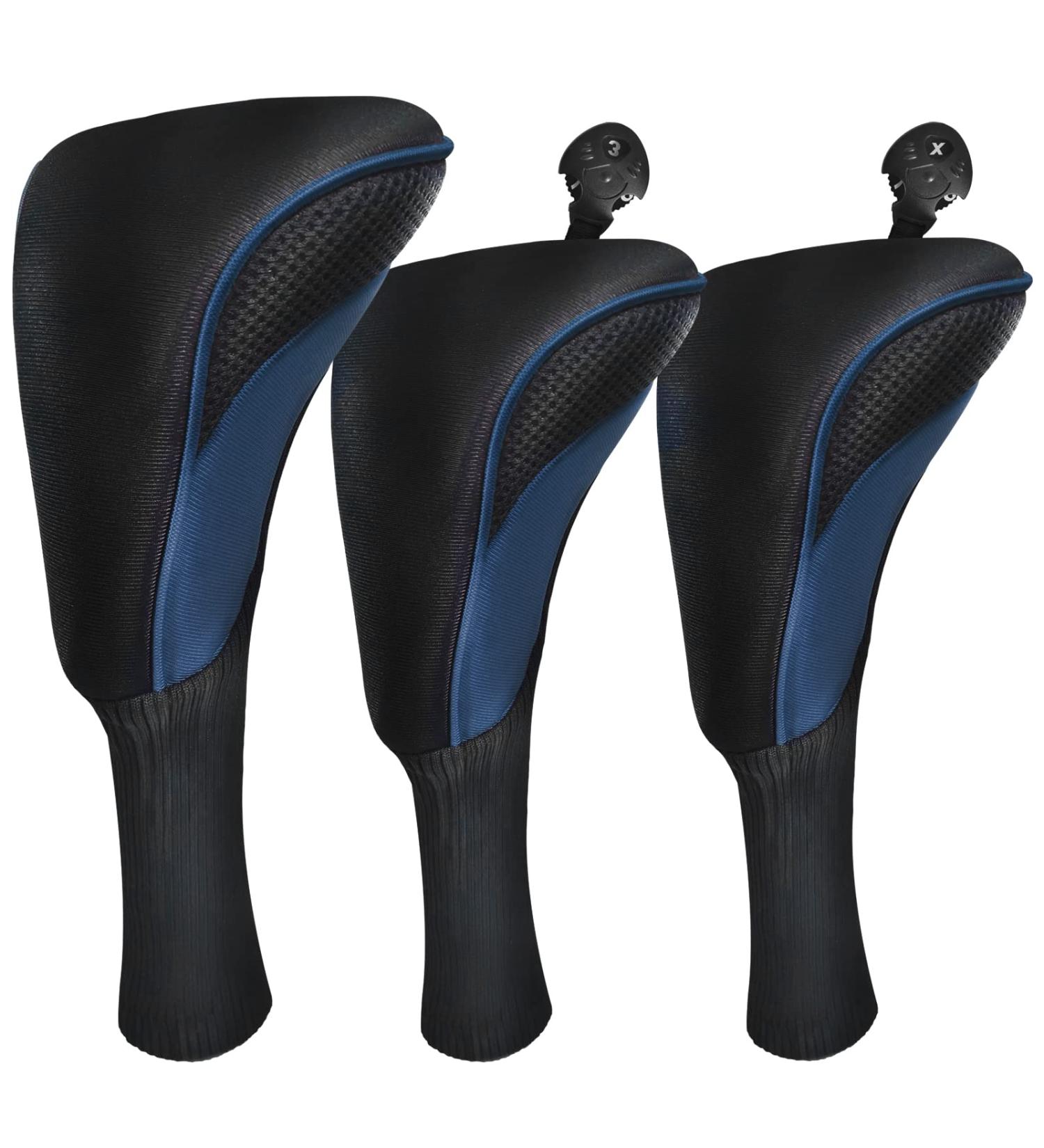 Golf Club Head Covers Set - 3 Pieces with Interchangeable Tags for Fairway Woods, Driver, Hybrids - Long Neck Mesh Design - Golf Accessories for Men and Women - Black Blue - Buy Online on SooperMarket.com