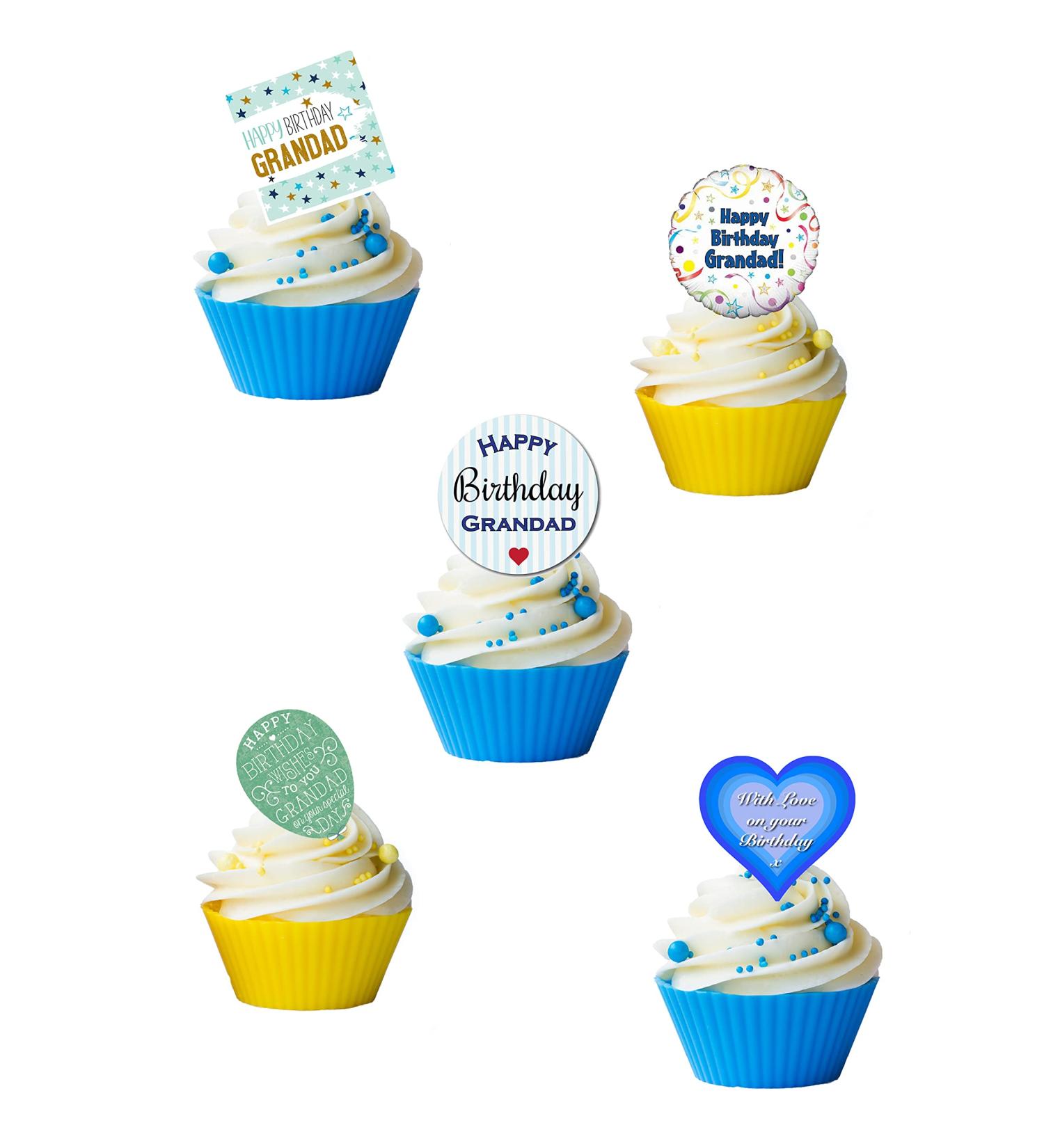 24 Stand Up Happy Birthday Grandad Themed Edible Wafer paper Cake Toppers Decorations