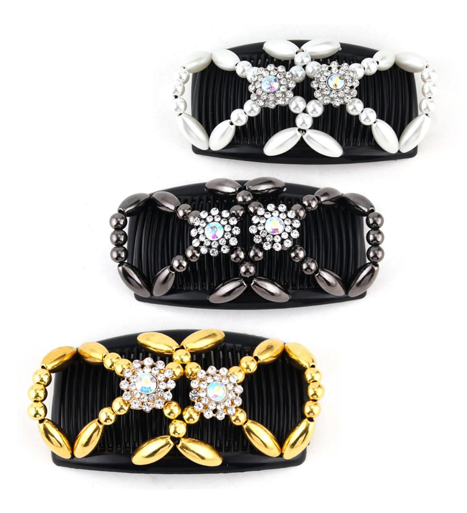 Kytpyi Beaded Hair Comb Slides - 3 PCS Double Sided Clips for Women & Girls | Elastic Magic Combs for DIY Hair Styling & Accessories - Buy Online on SooperMarket.com