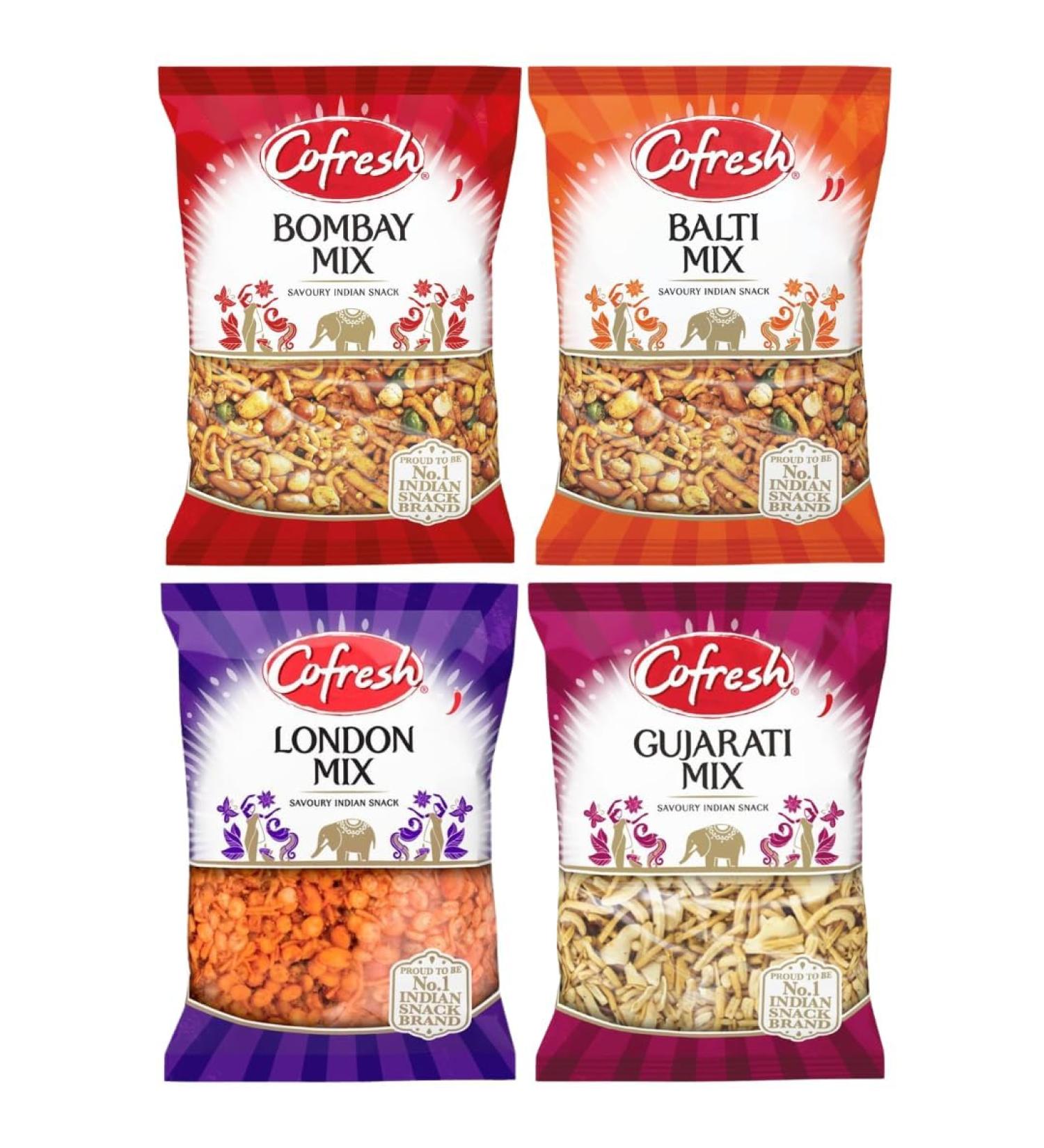 Indian Snack Variety Bundle Containing Cofresh Bombay Mix Balti Mix London Mix Gujarati Mix 325g Packs (4 Pack) - Buy Online on SooperMarket.com
