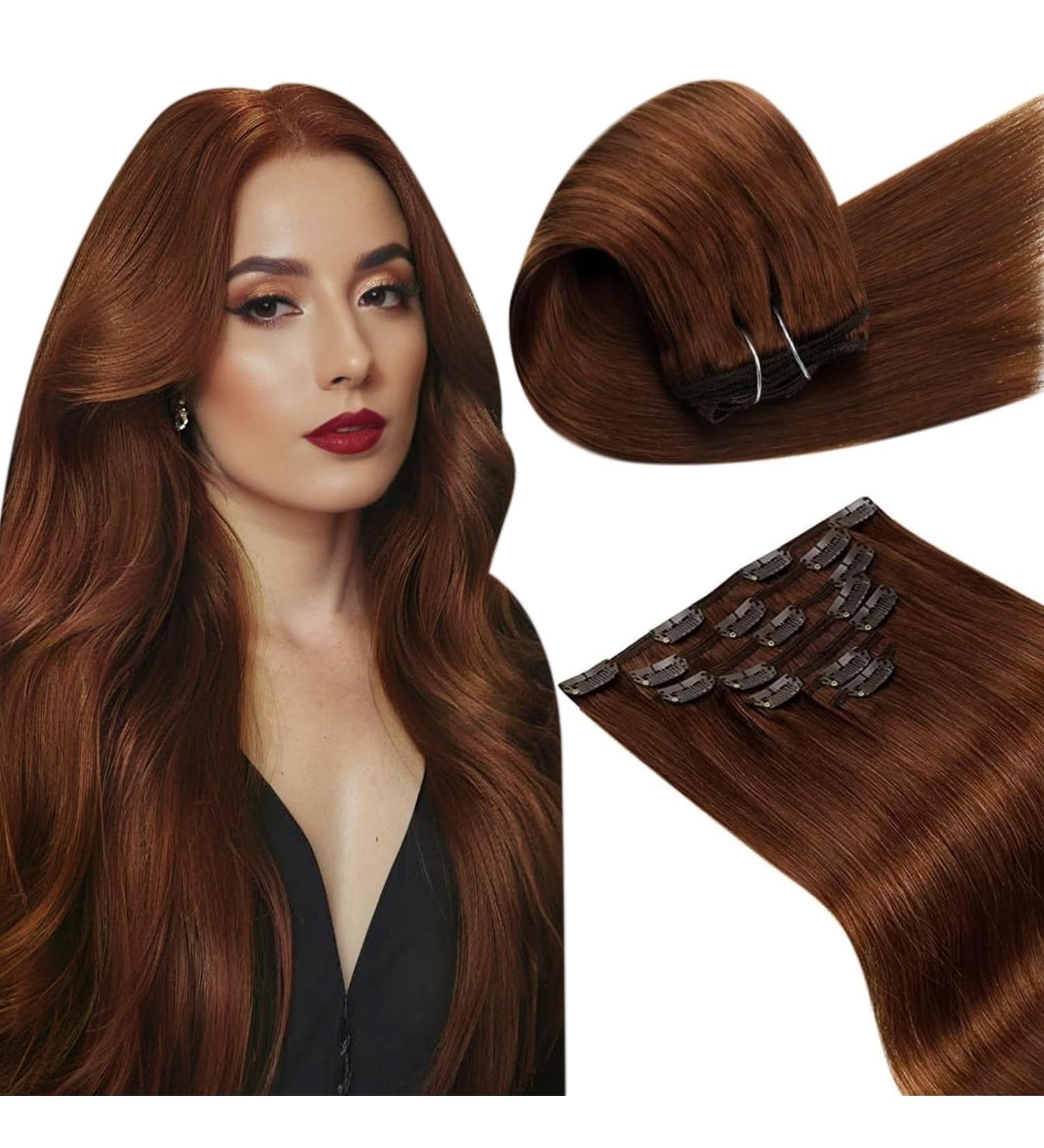 Buy Laavoo Clip-In Extensions - 45cm Real Hair in Auburn Brown | 7pcs Hair Recovery 10 Inch 105g - Premium Quality Red-Brown Extensions - Buy Online on SooperMarket.com